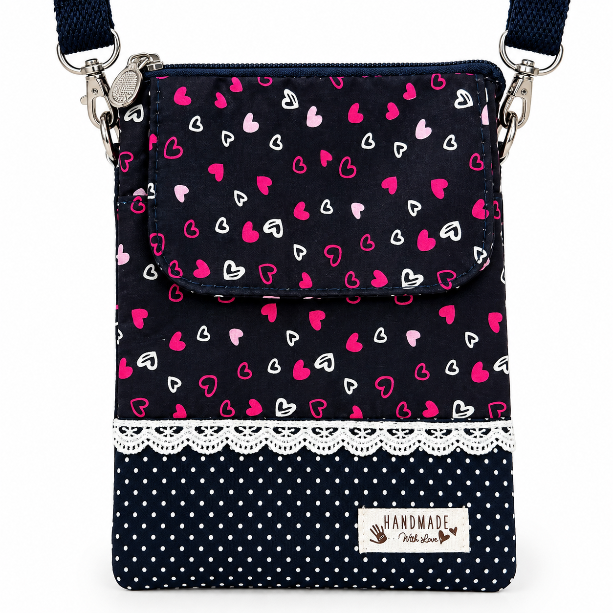 Handmade Taschen-Set mit Herzchen – 5-teilig in Dunkelblau & Pink
