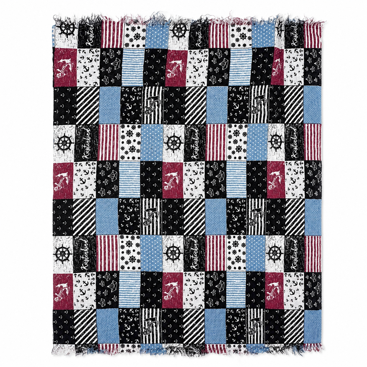 Maritimer Patchwork Schal Blau, Bordeaux & Weiß – Anker Design