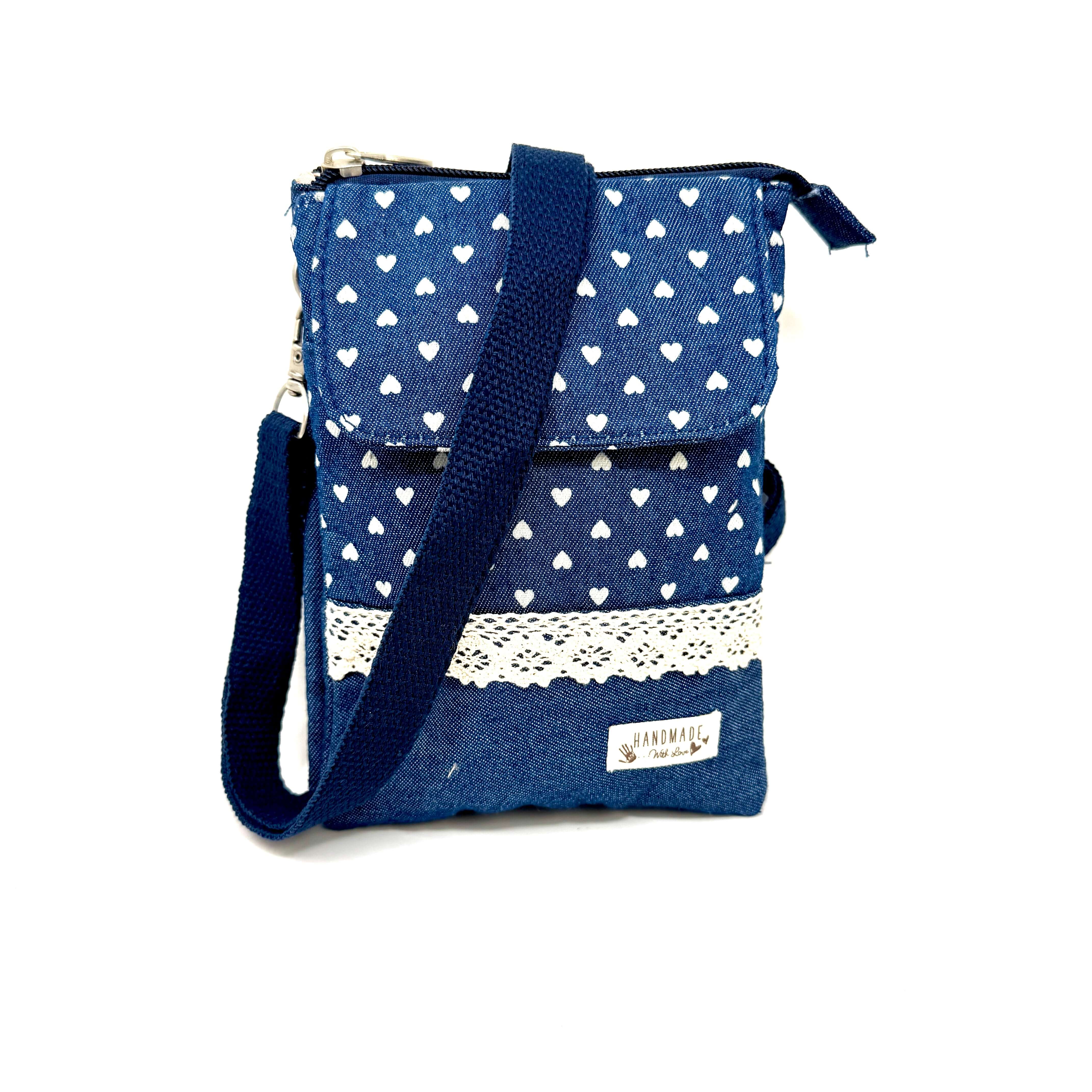 Handcrafted blue nautical shoulder bag with heart patterns, made of cotton and canvas.