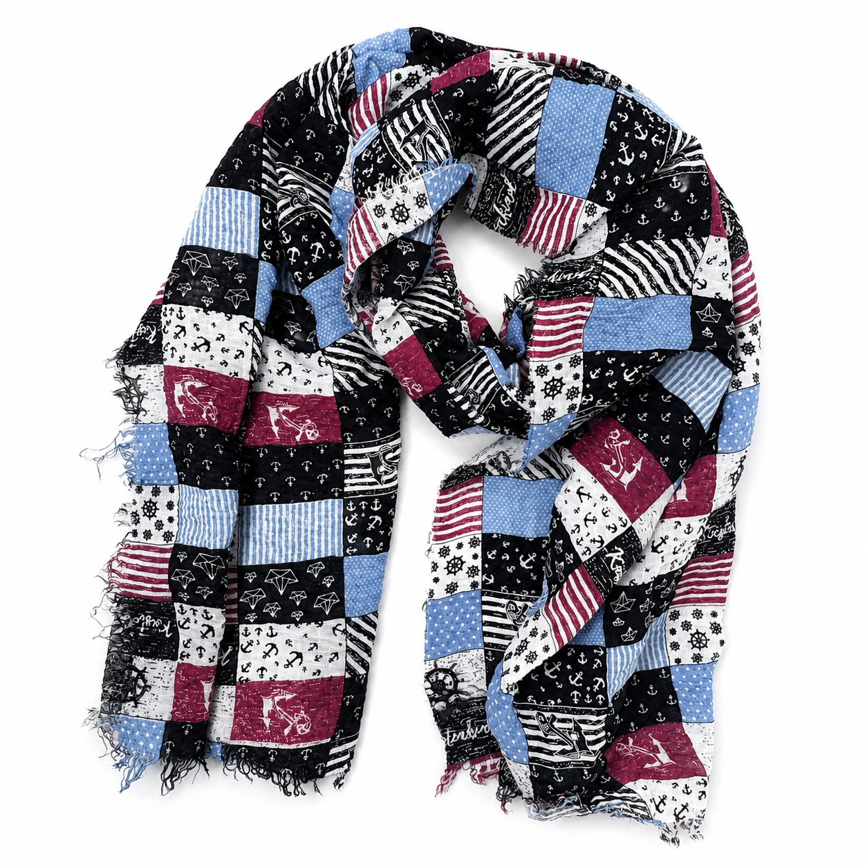 Maritimer Patchwork Schal Blau, Bordeaux & Weiß – Anker Design