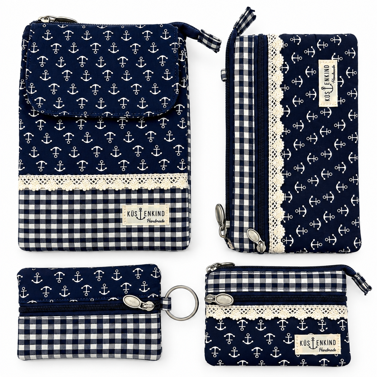 Maritimes Taschen-Set „Küstenkind“ – 4-teilig mit Anker-Muster in Marineblau