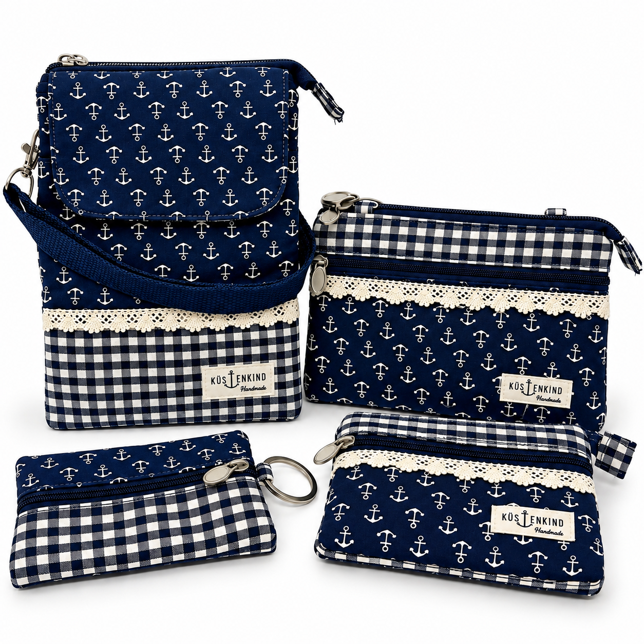 Maritimes Taschen-Set „Küstenkind“ – 4-teilig mit Anker-Muster in Marineblau