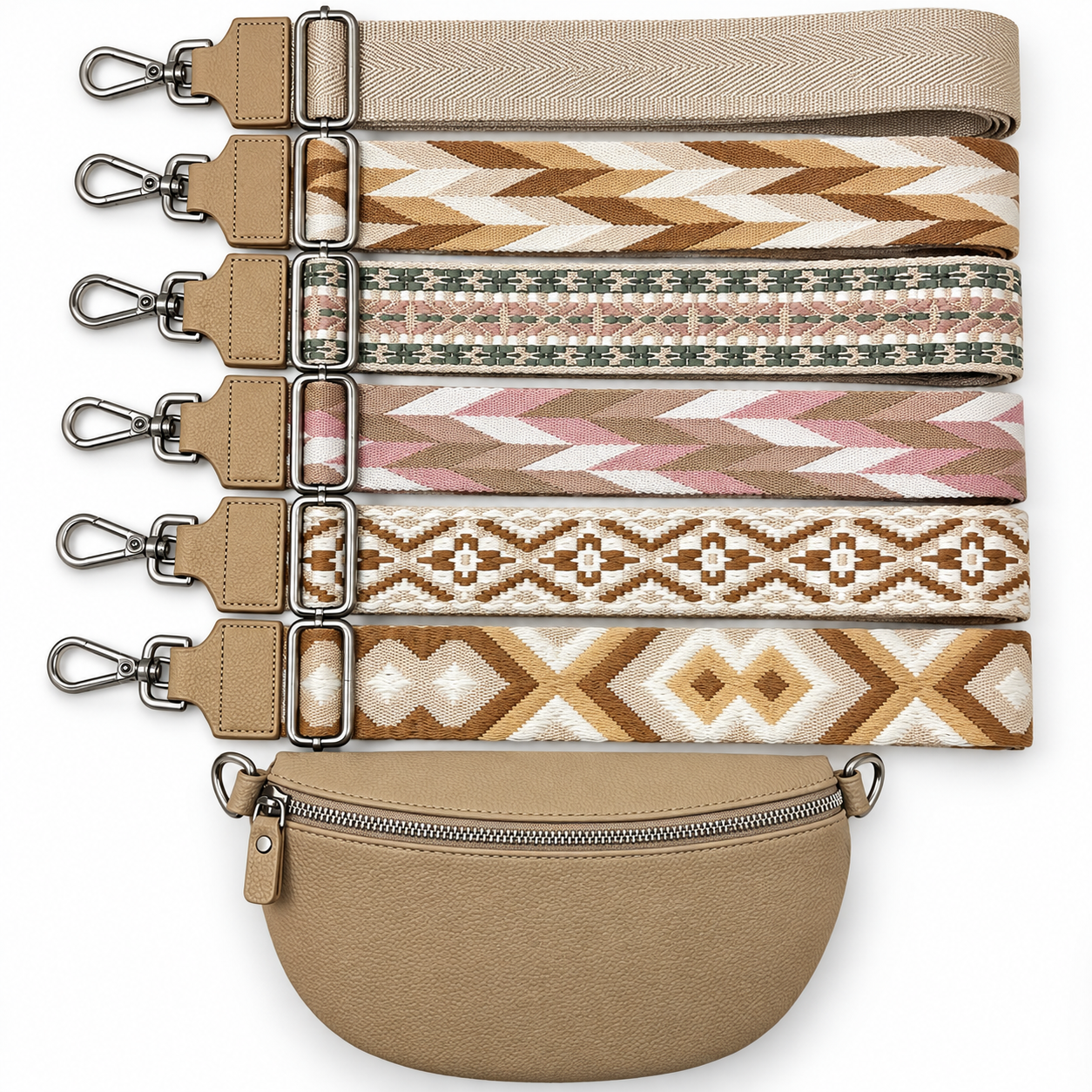 Beige Damen-Bauchtasche mit Reißverschluss, einfarbig beigem Originalriemen und fünf gemusterten Wechselriemen zur Auswahl in Beige, Braun, Rosa und Naturtönen.