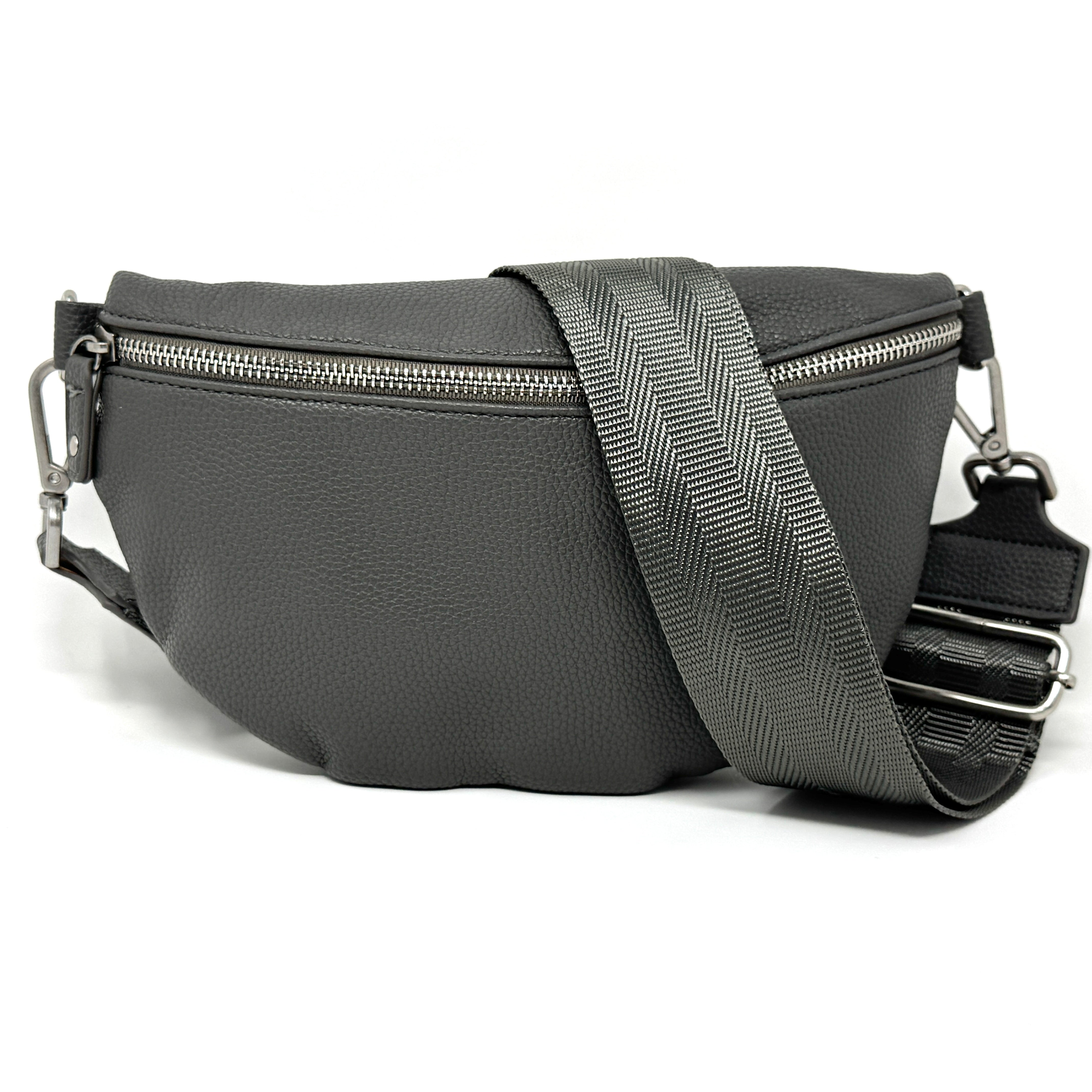 Moderne graue Bauchtasche aus Leder mit breitem verstellbaren Gurt, ideal als Umhängetasche oder Crossbody Bag für  Damen und Herren 