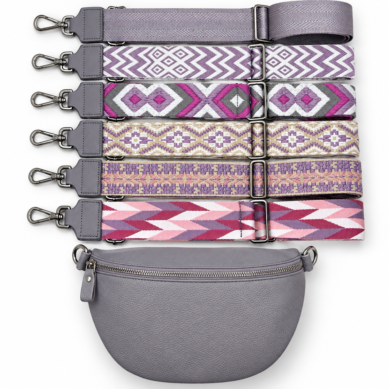 Flieder Bauchtasche mit Originalriemen und fünf gemusterten Wechselriemen in Rosa, Lila und Pink – Designauswahl für das Bauchtaschen-Set von AnkerEleganz.