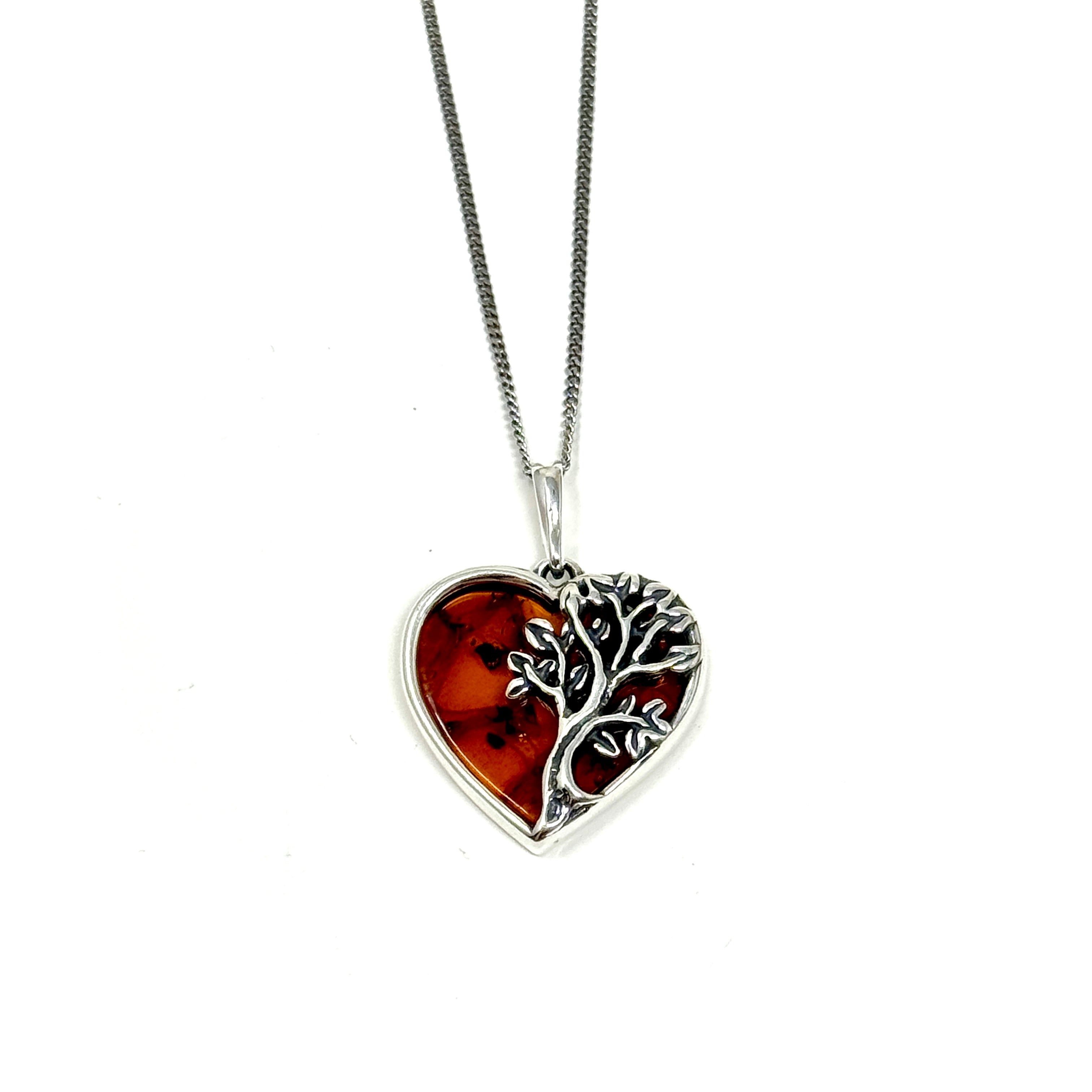 Elegante Herz-Halskette mit echtem Bernstein und filigranem Lebensbaum-Design in Silber – stilvoller Bernsteinschmuck für Damen.