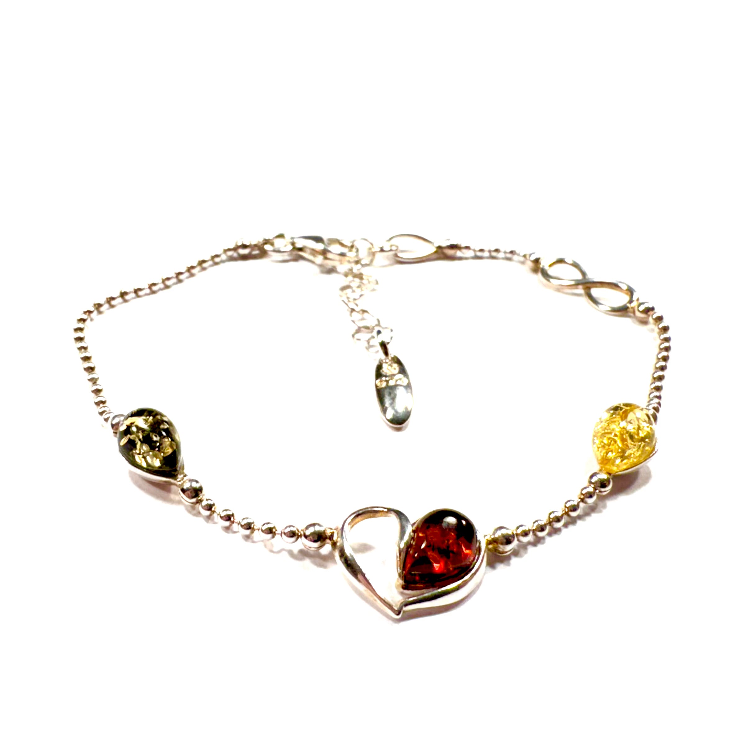 Handgefertigtes Bernstein-Armband aus 925er Sterlingsilber mit Herz- und Unendlichkeits-Symbol – eleganter Schmuck mit tiefer Bedeutung