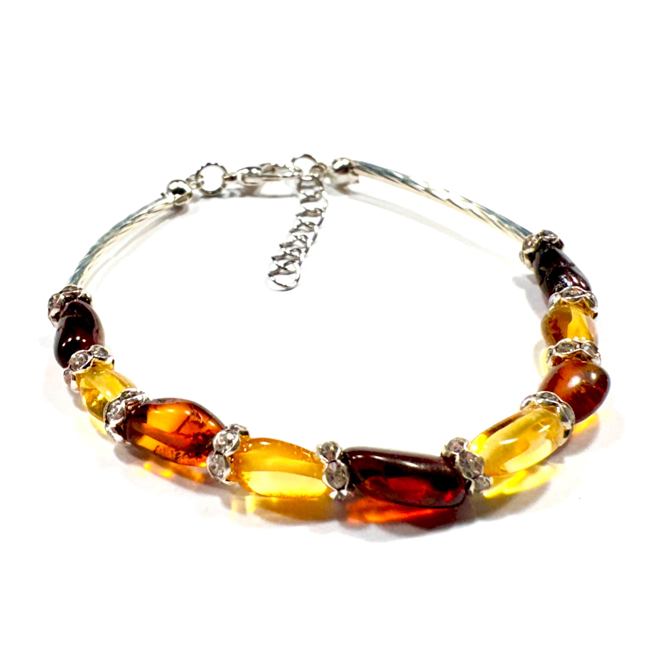 Elegantes Bernstein-Armband mit länglichen Perlen in warmen Honigtönen und sicherem Verschluss – handgefertigt & zeitlos schön