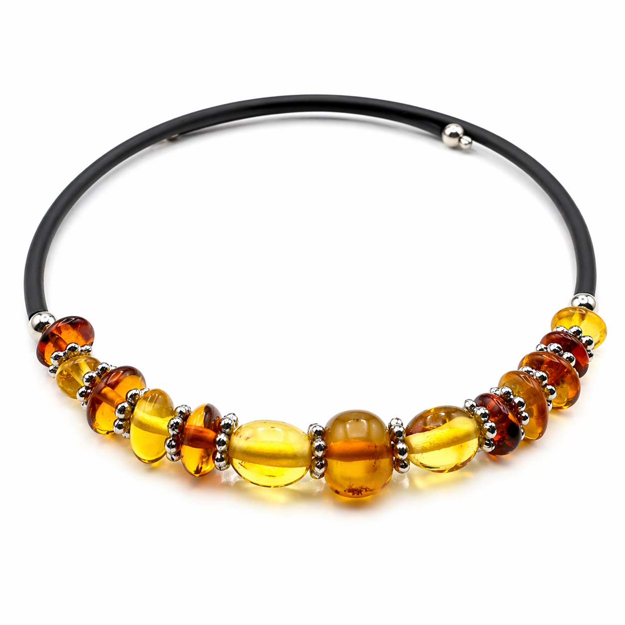 Bernstein Armband mit schwarzen Band, gelben und cognacfarbenen Bernsteinperlen und silbernen Zwischenelementen