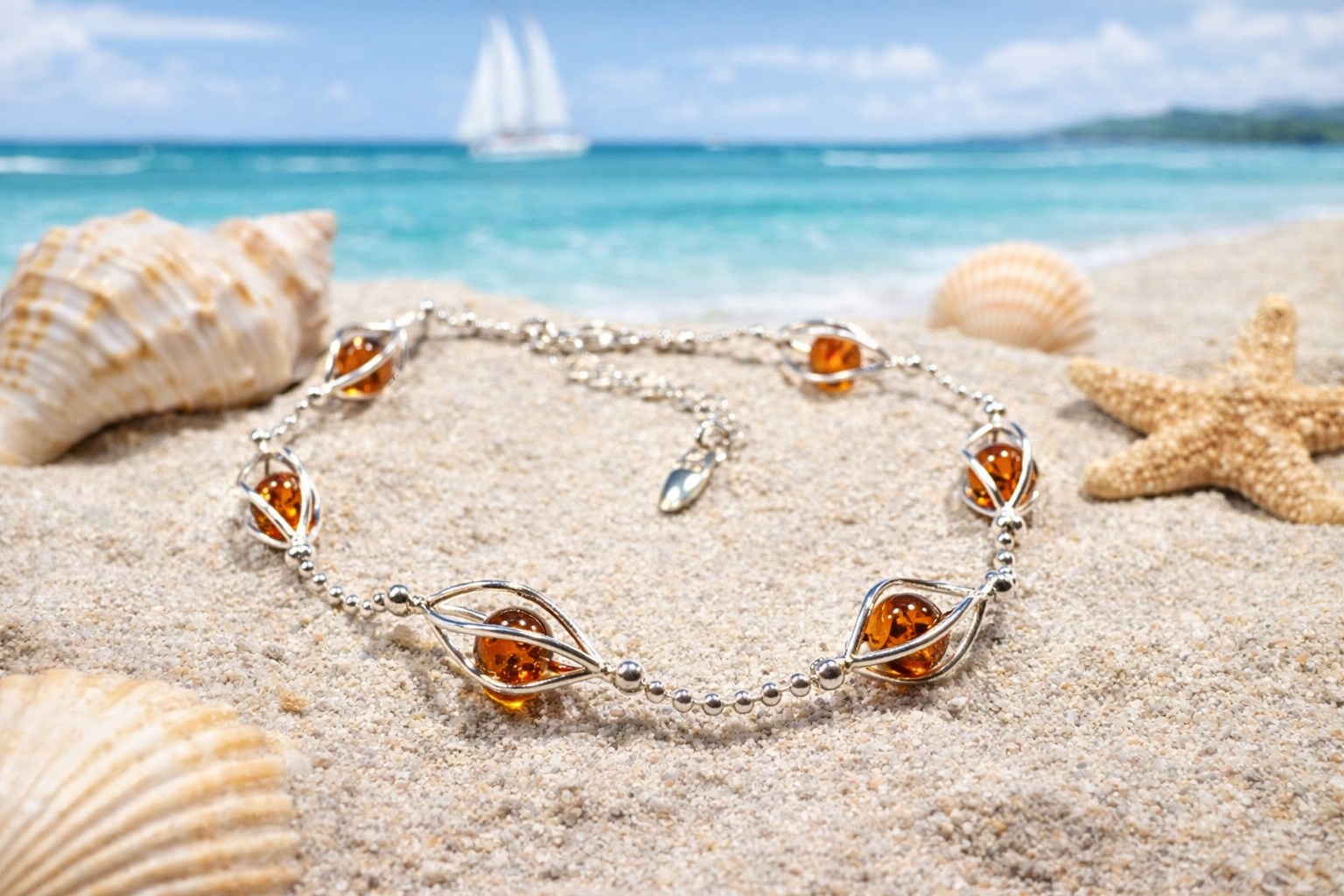 Bernstein Armband mit Silber auf maritimem Hintergrund natürlicher eleganter Schmuck mit echten Bernstein Perlen