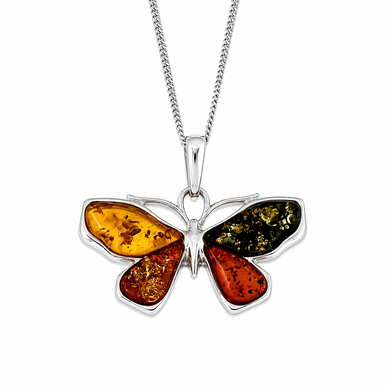 Silberner Schmetterling Anhänger mit mehrfarbigem Bernstein an feiner Halskette, hochwertiger Schmuck