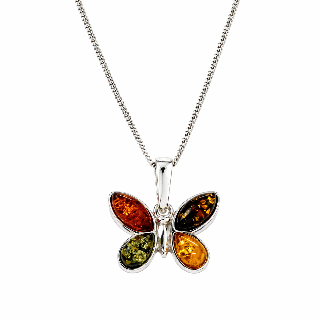 Silberner Schmetterling Anhänger mit mehrfarbigem Bernstein an feiner Halskette, hochwertiger Schmuck