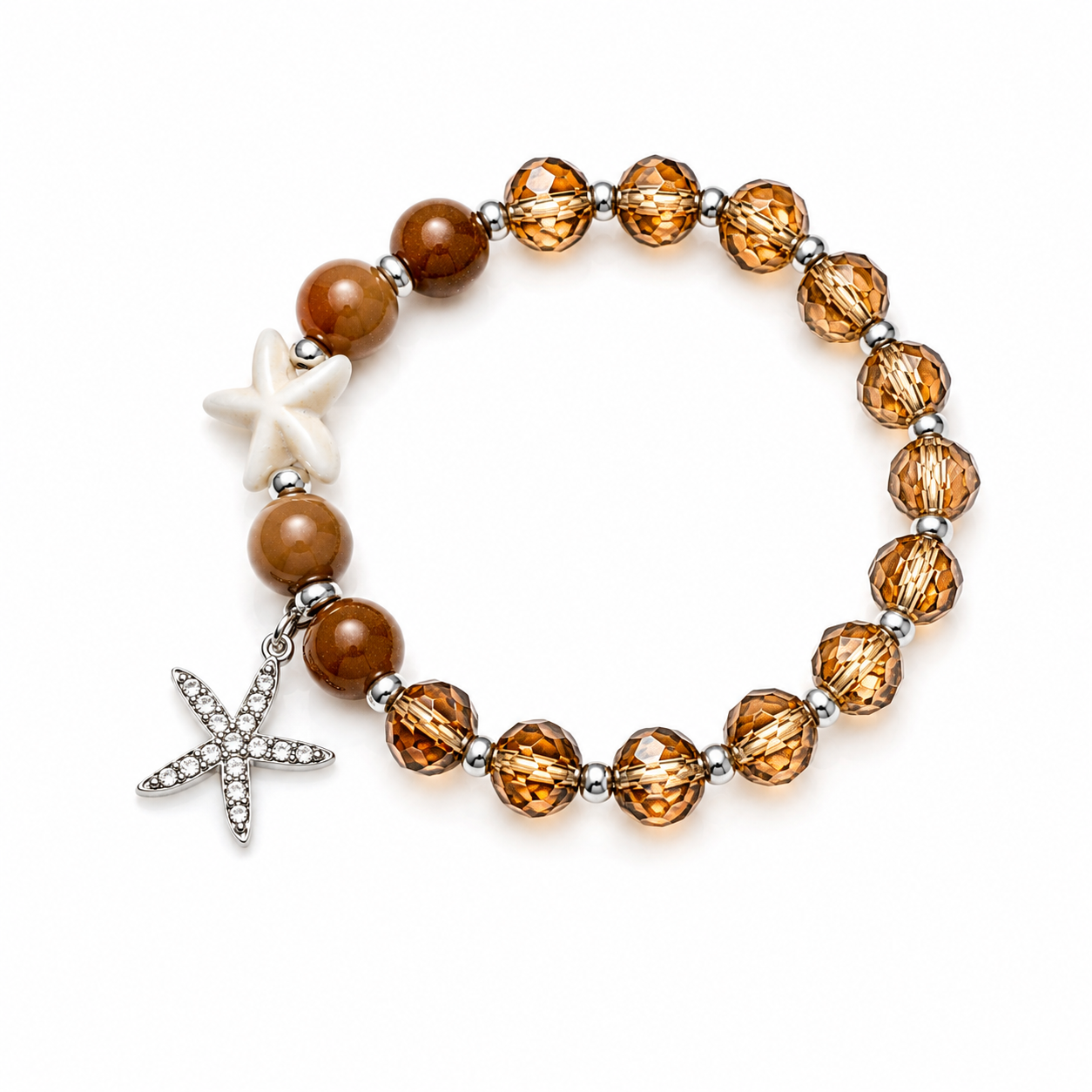 Braunes Seestern-Armband mit bernsteinfarbenen Glasperlen und silbernem Seestern-Anhänger