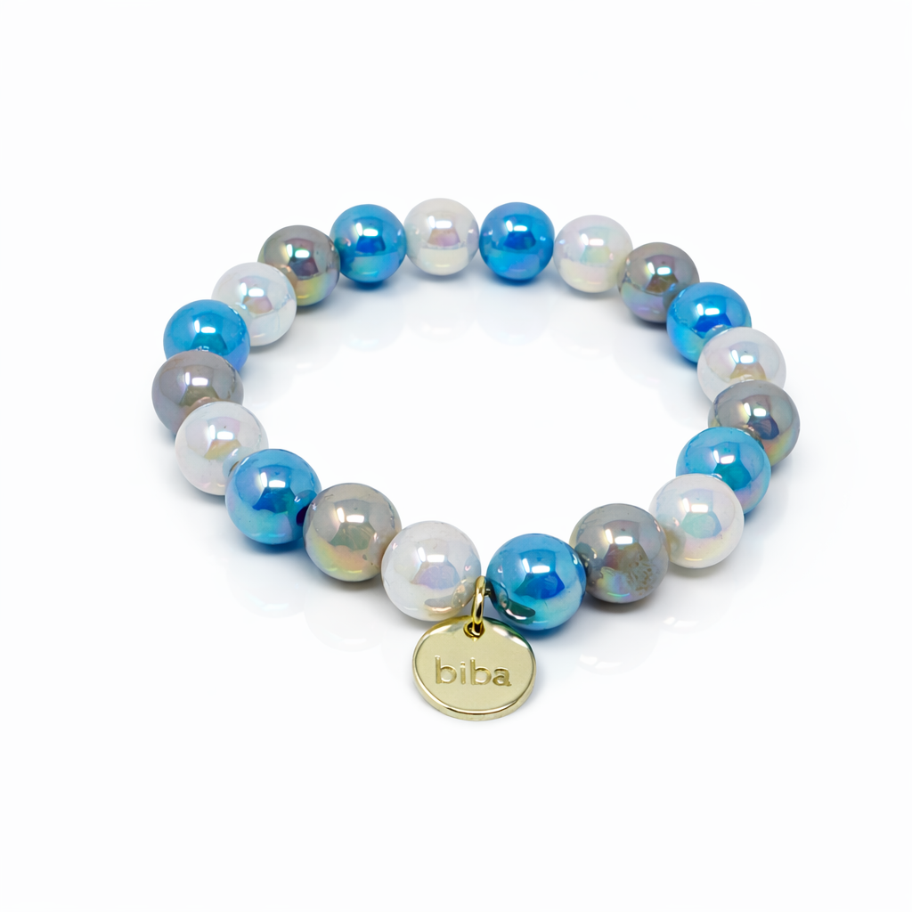 biba Crystal Armband Blau-Weiß mit 10 mm Perlen und Metallanhänger