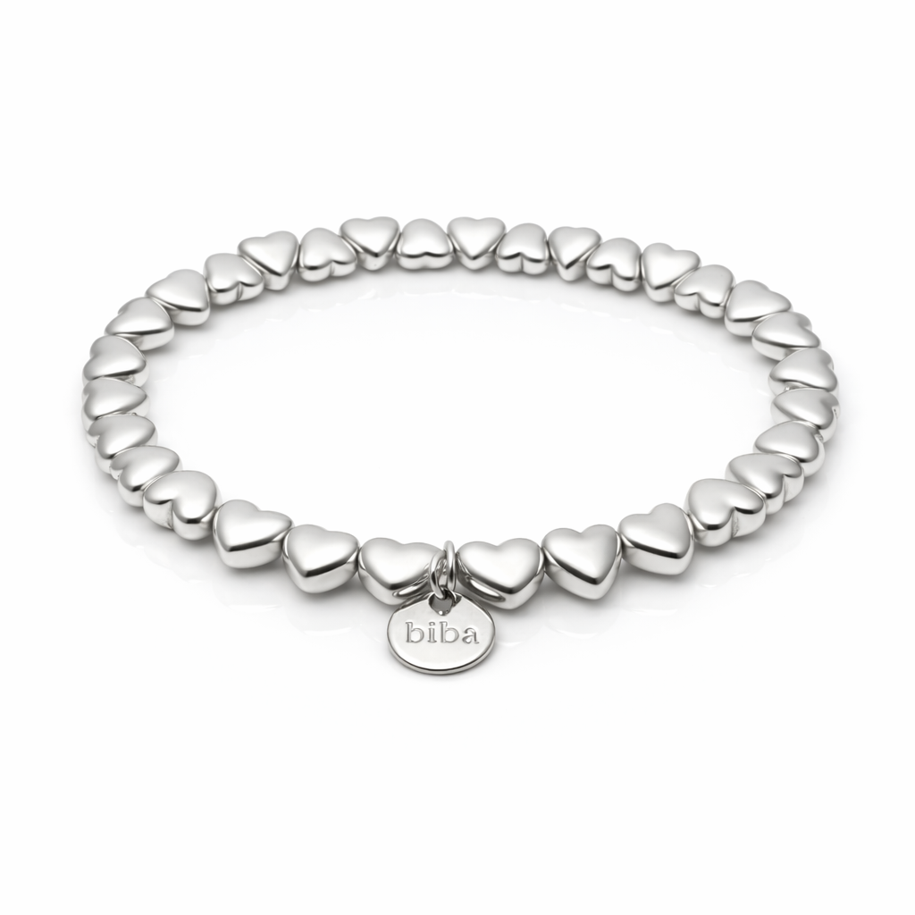 biba Herz Armband silberfarben glänzend aus Metall mit elastischem Stretchband