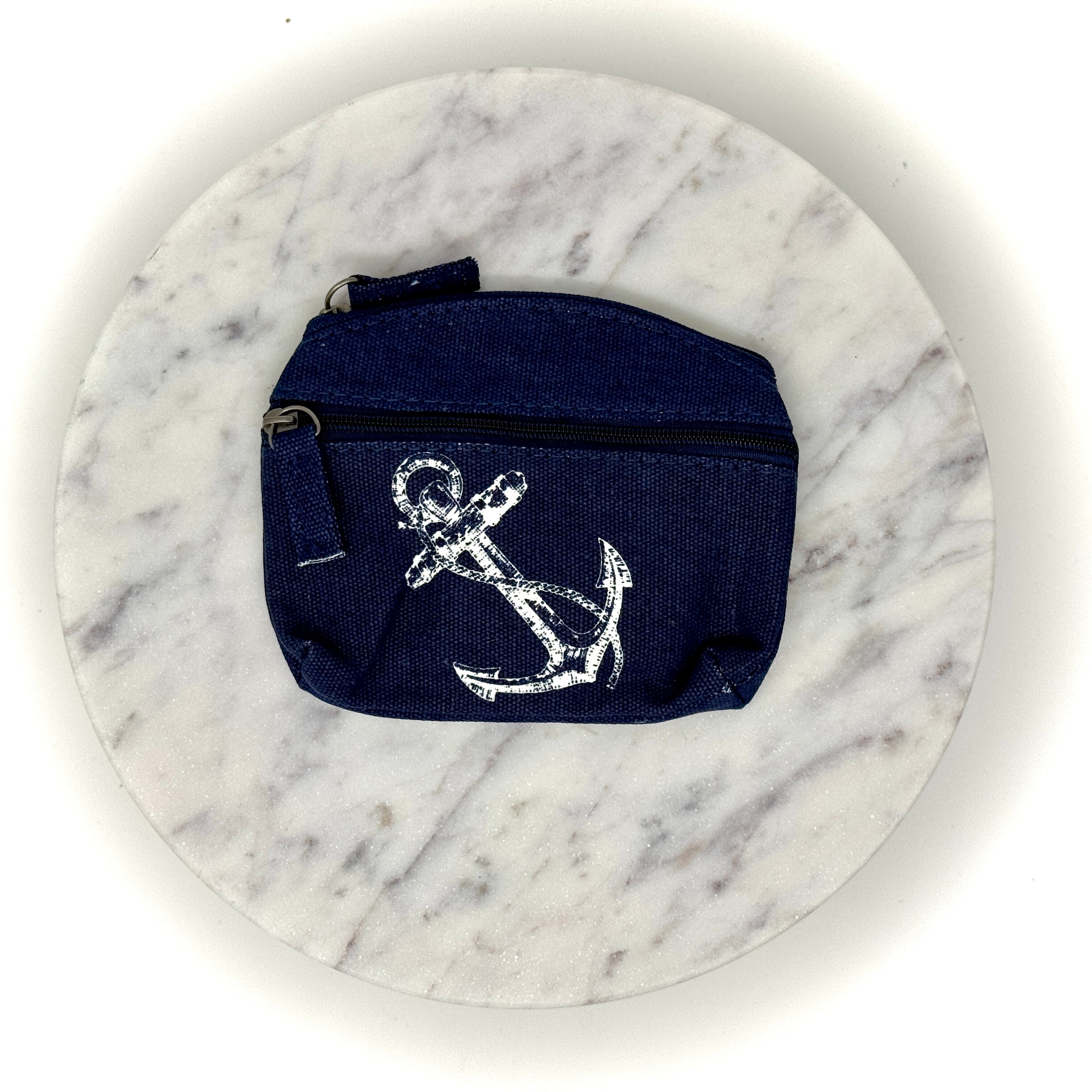 Maritimes Canvas-Täschchen mit Anker-Muster, kompakte Größe, Reißverschluss mit Stoffanhänger – erhältlich in verschiedenen Farben