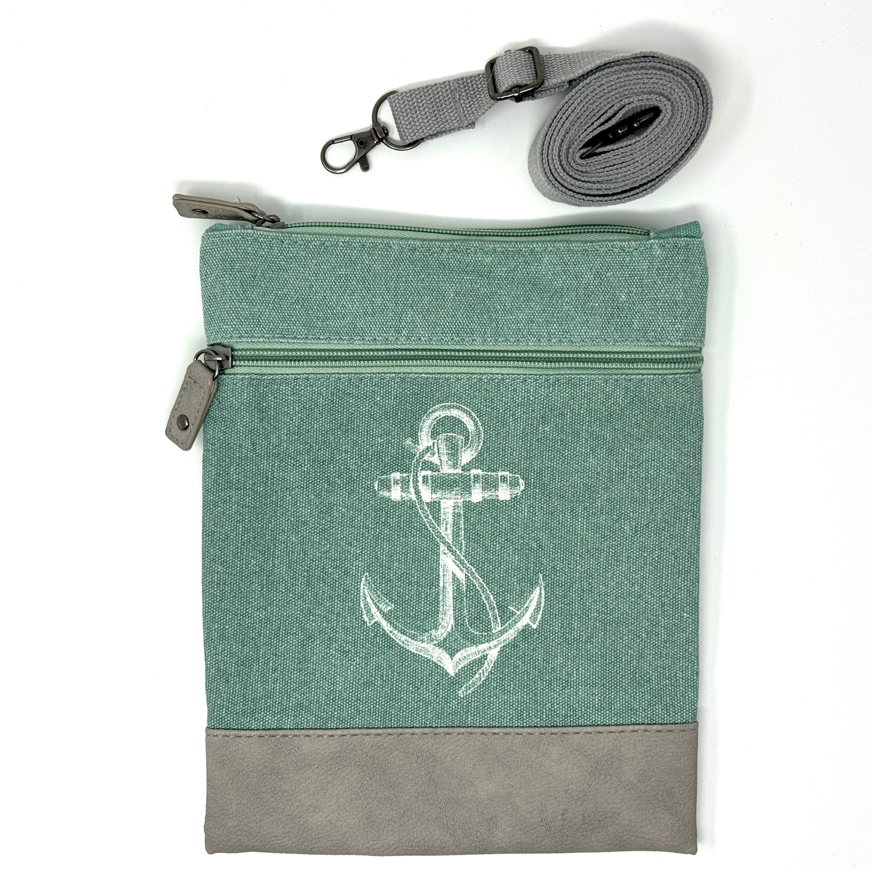 Hellgrüne maritime Crossbody Tasche aus Baumwolle mit Anker-Motiv