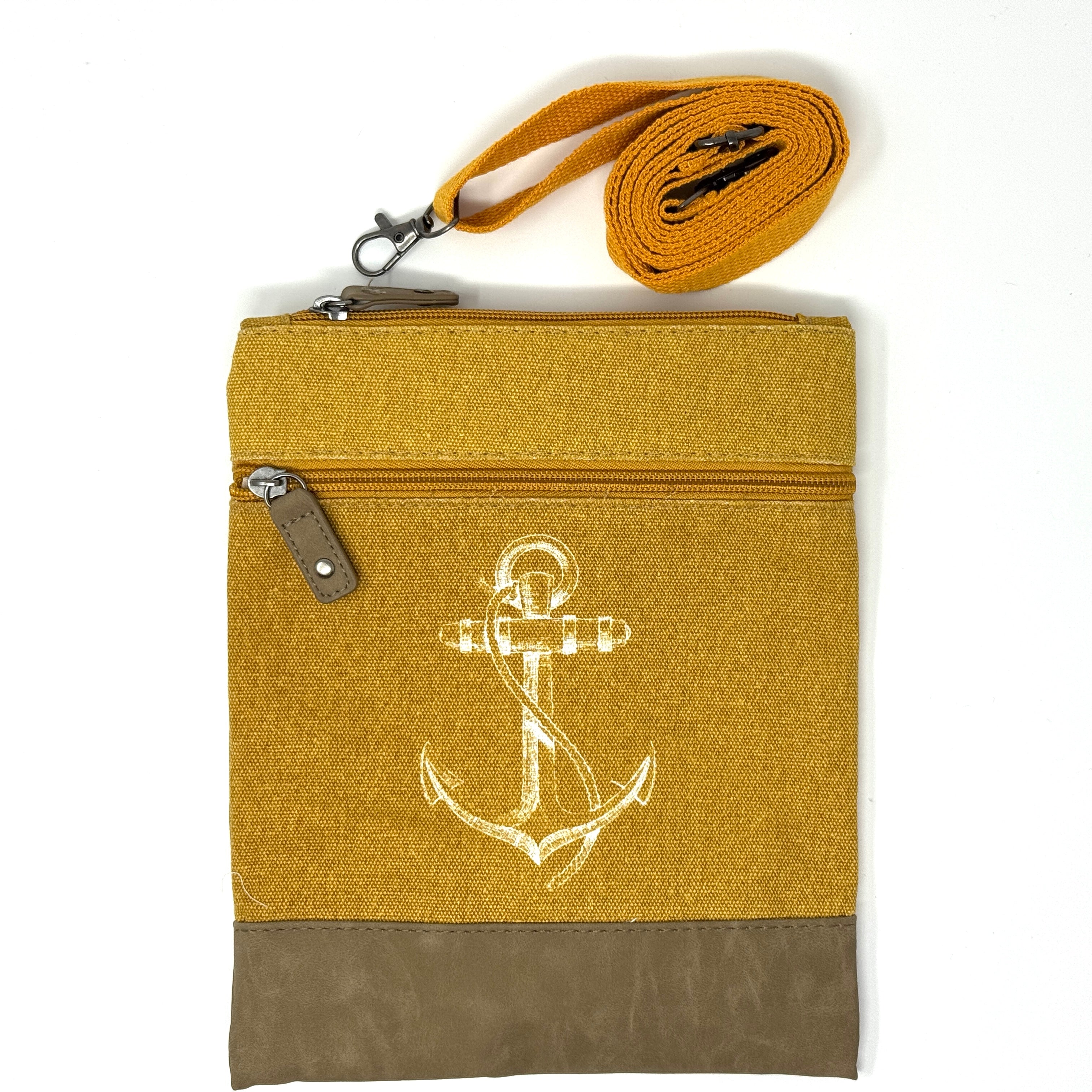 Senfgelbe maritime Crossbody Tasche aus Baumwolle mit Anker-Motiv