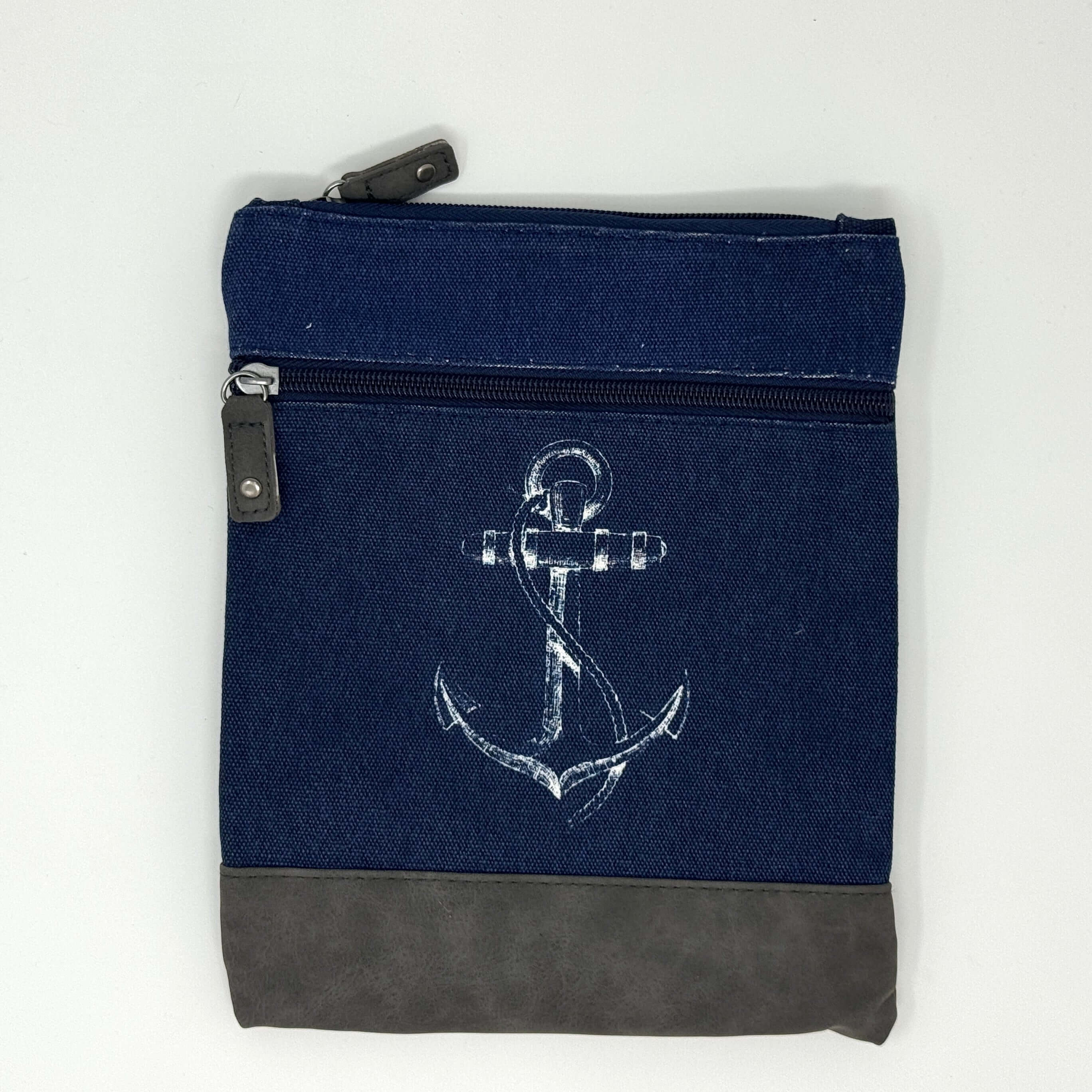 Dunkelblaue maritime Crossbody Tasche aus Baumwolle mit Anker-Motiv.