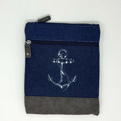 Dunkelblaue maritime Crossbody Tasche aus Baumwolle mit Anker-Motiv.