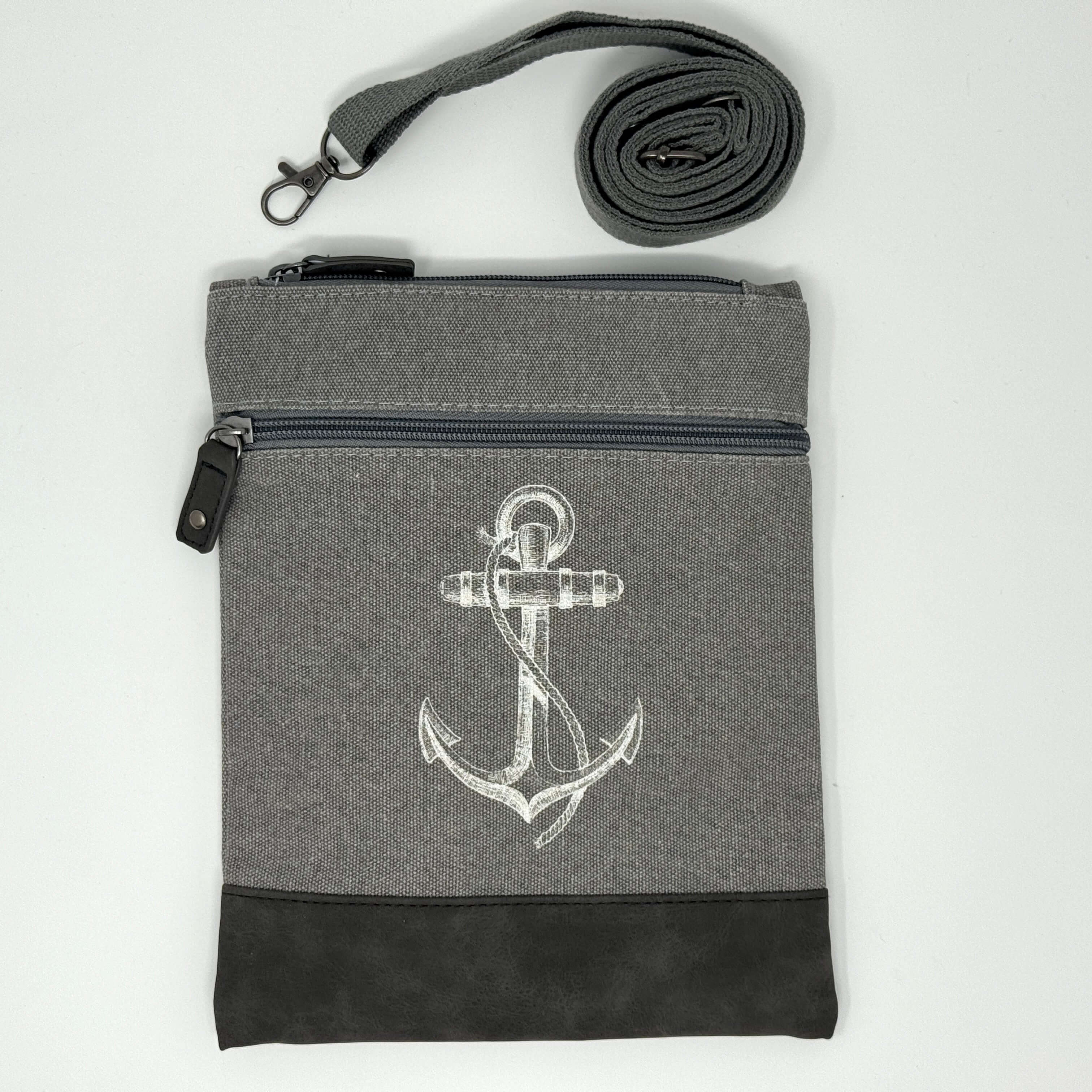 Graue maritime Crossbody Tasche aus Baumwolle mit Anker-Motiv 