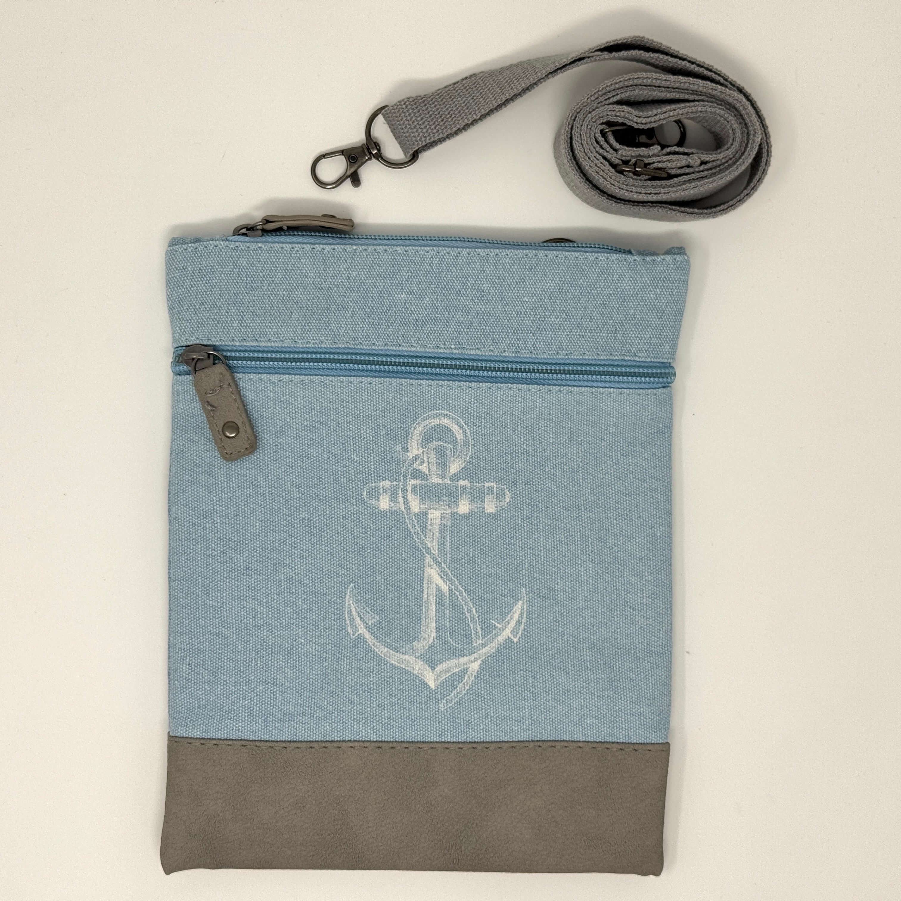 Hellblaue maritime Crossbody Tasche aus Baumwolle mit Anker-Motiv