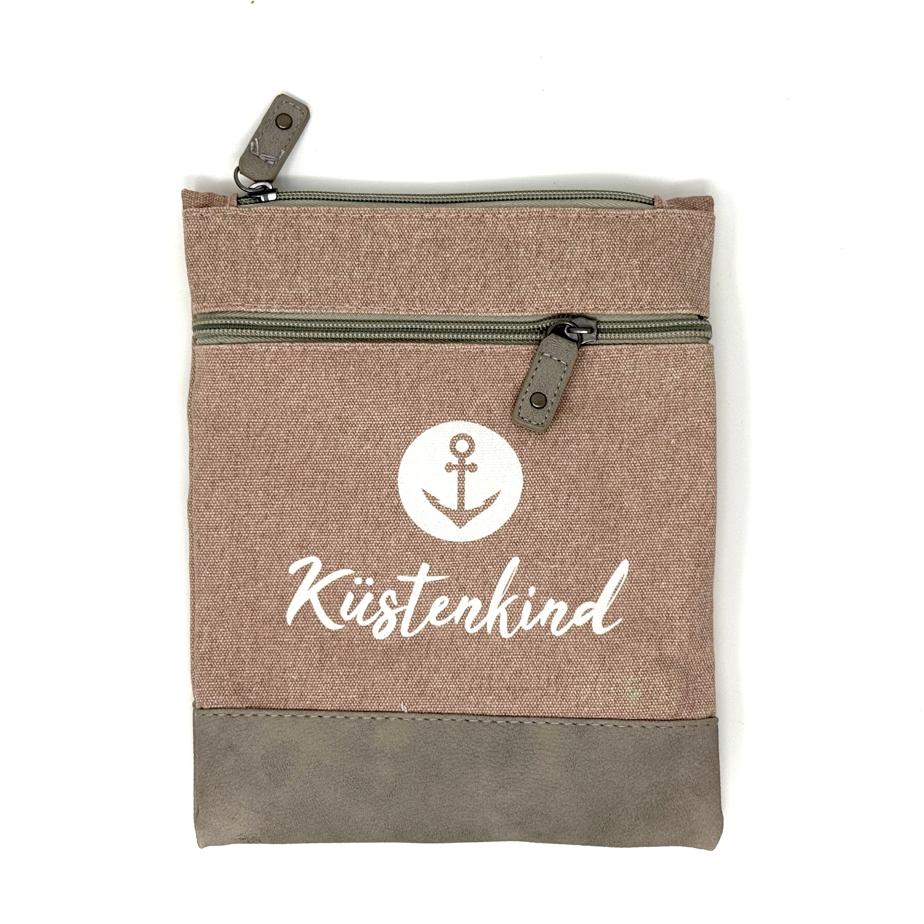 Rosa maritime Crossbody Tasche aus Baumwolle mit Anker-Motiv und Schriftzug „Küstenkind“.