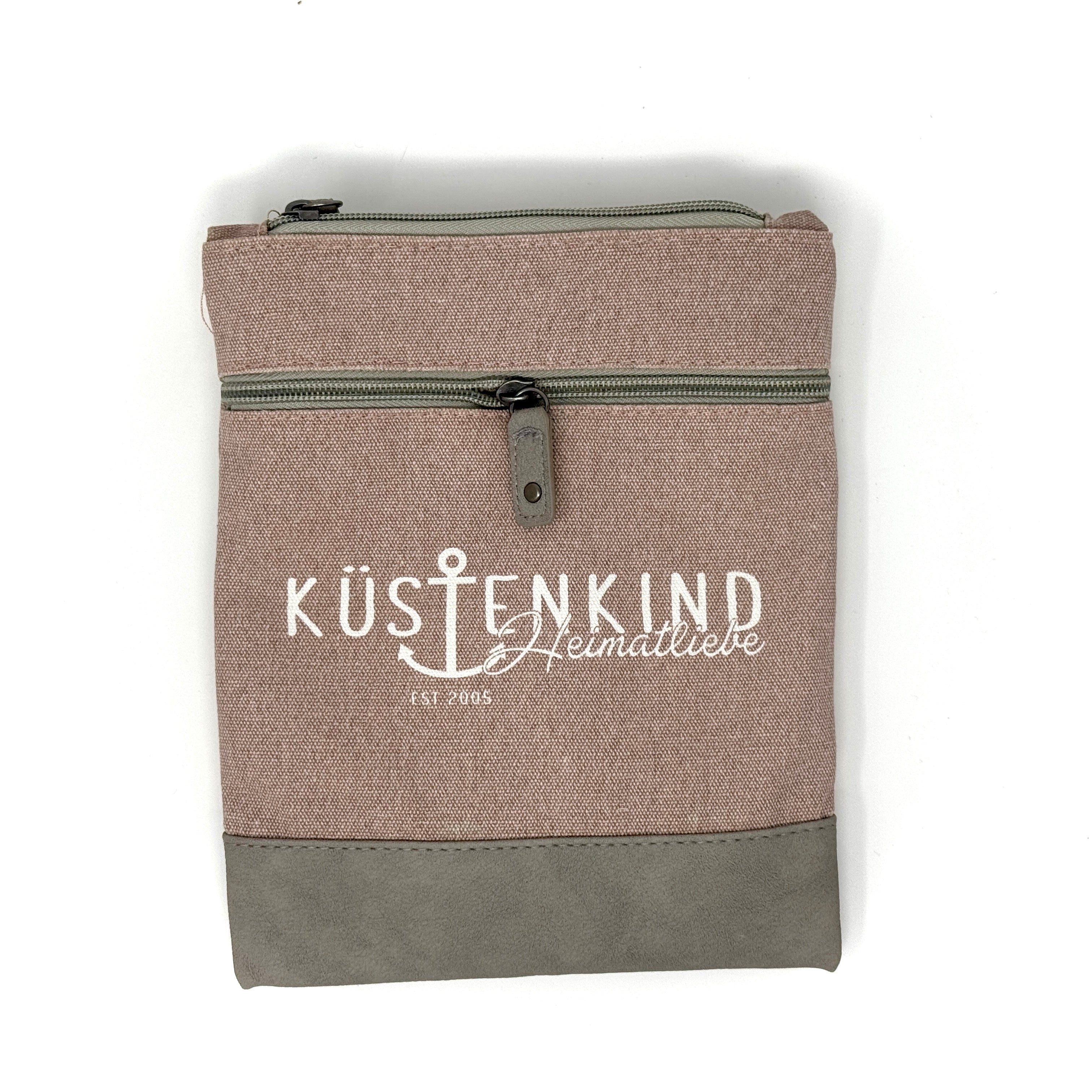 Rosa maritime Crossbody Tasche aus Baumwolle mit Anker-Motiv und Schriftzug „Küstenkind Heimatliebe“.