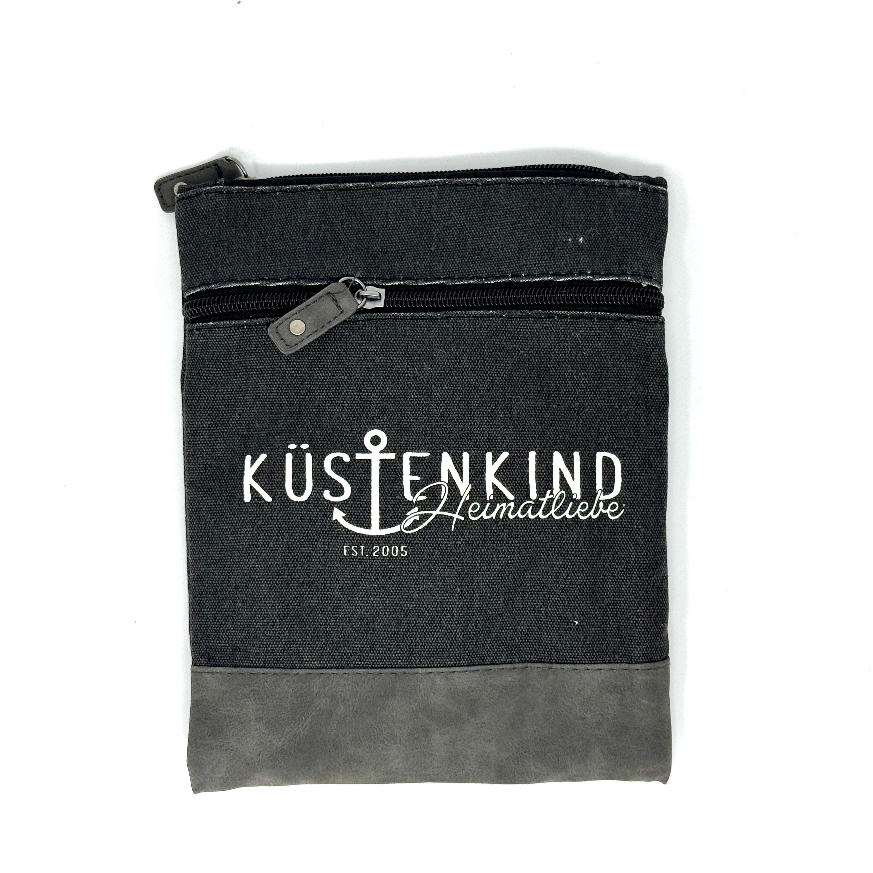 Schwarz maritime Crossbody Tasche aus Baumwolle mit Anker-Motiv und Schriftzug „Küstenkind Heimatliebe“