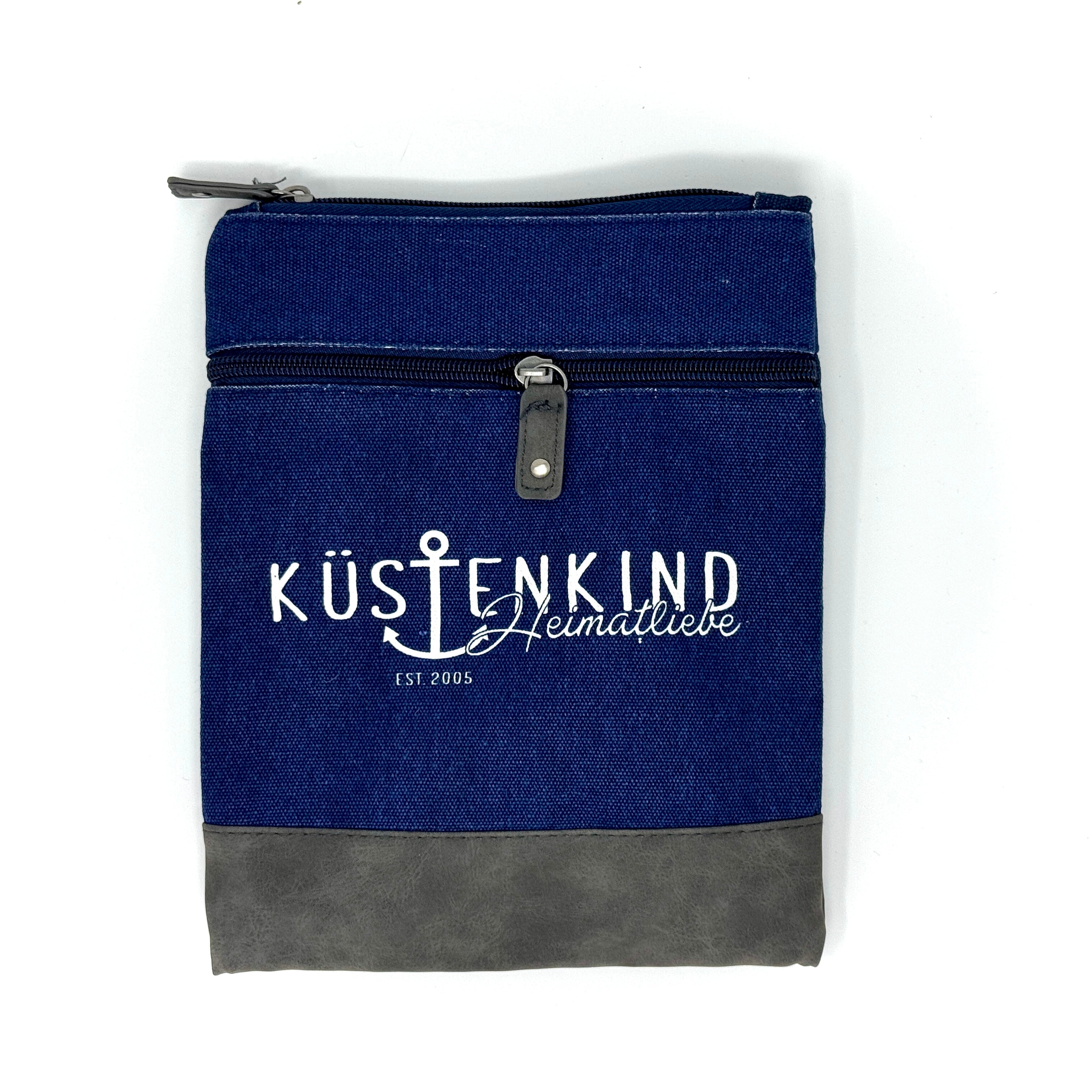 Dunkelblaue maritime Crossbody Tasche aus Baumwolle mit Anker-Motiv und Schriftzug „Küstenkind
