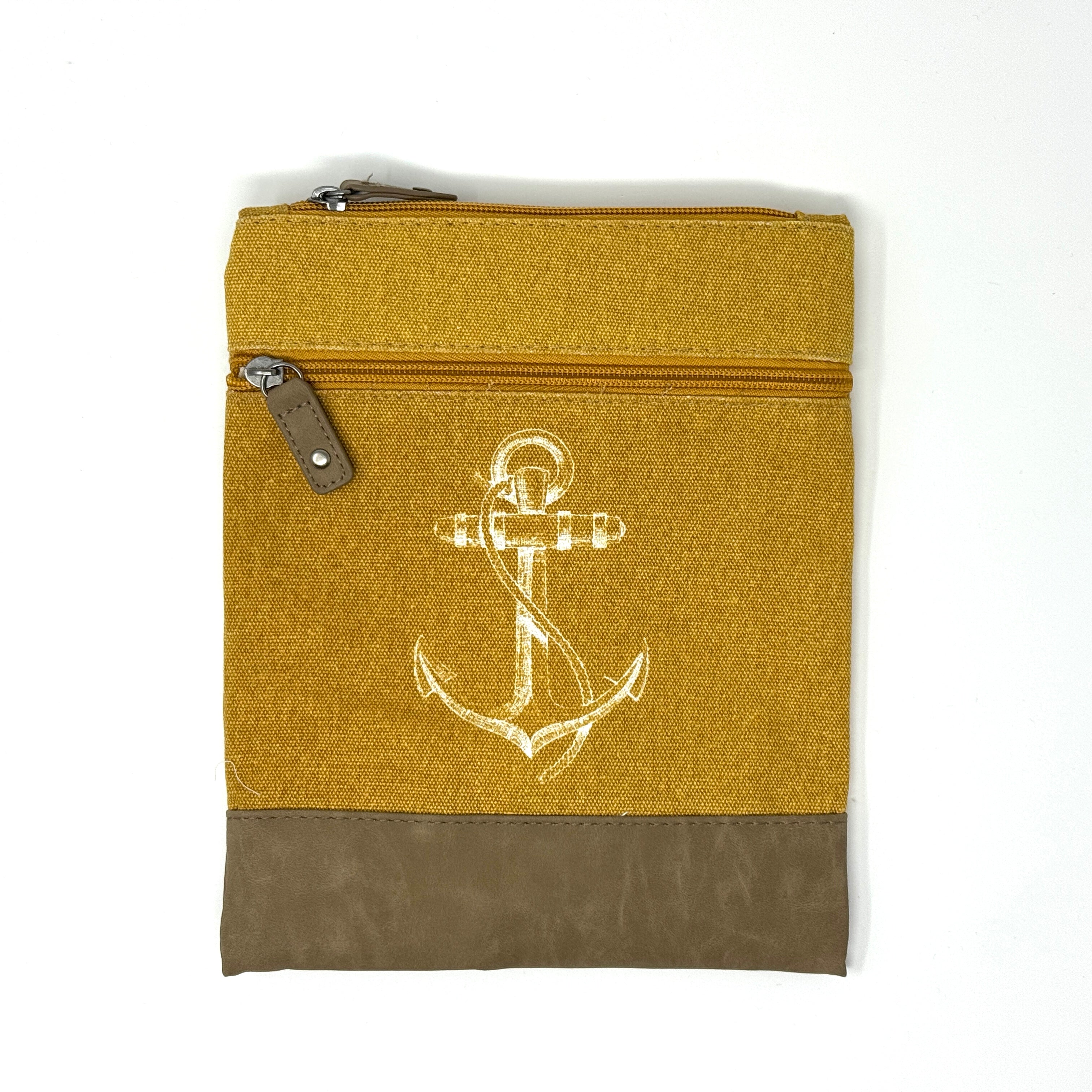 Senfgelbe maritime Crossbody Tasche aus Baumwolle mit Anker-Motiv 