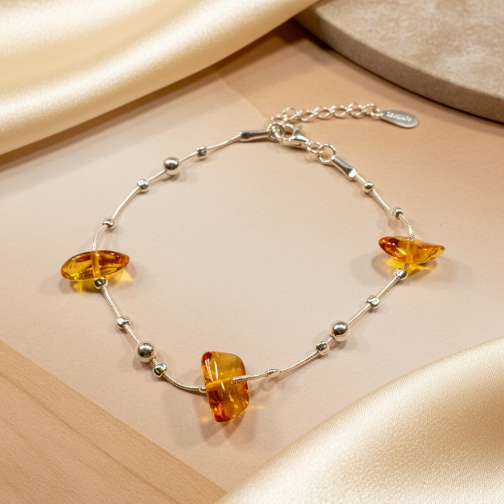 Hochwertiges Bernstein-Armband mit polierten Naturbernsteinen in warmen Farbtönen und edlen Silberdetails – sicherer Verschluss für optimalen Tragekomfort.