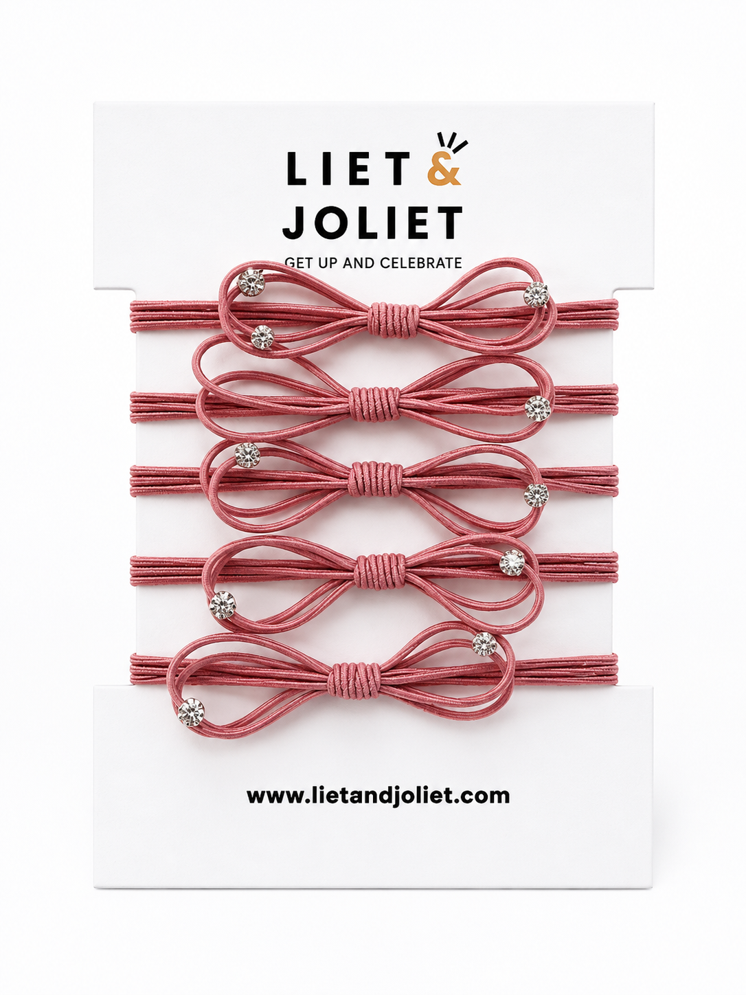 5 elastische Haargummis in Altrosa mit funkelnden Kristallsteinen auf Produktkarte.