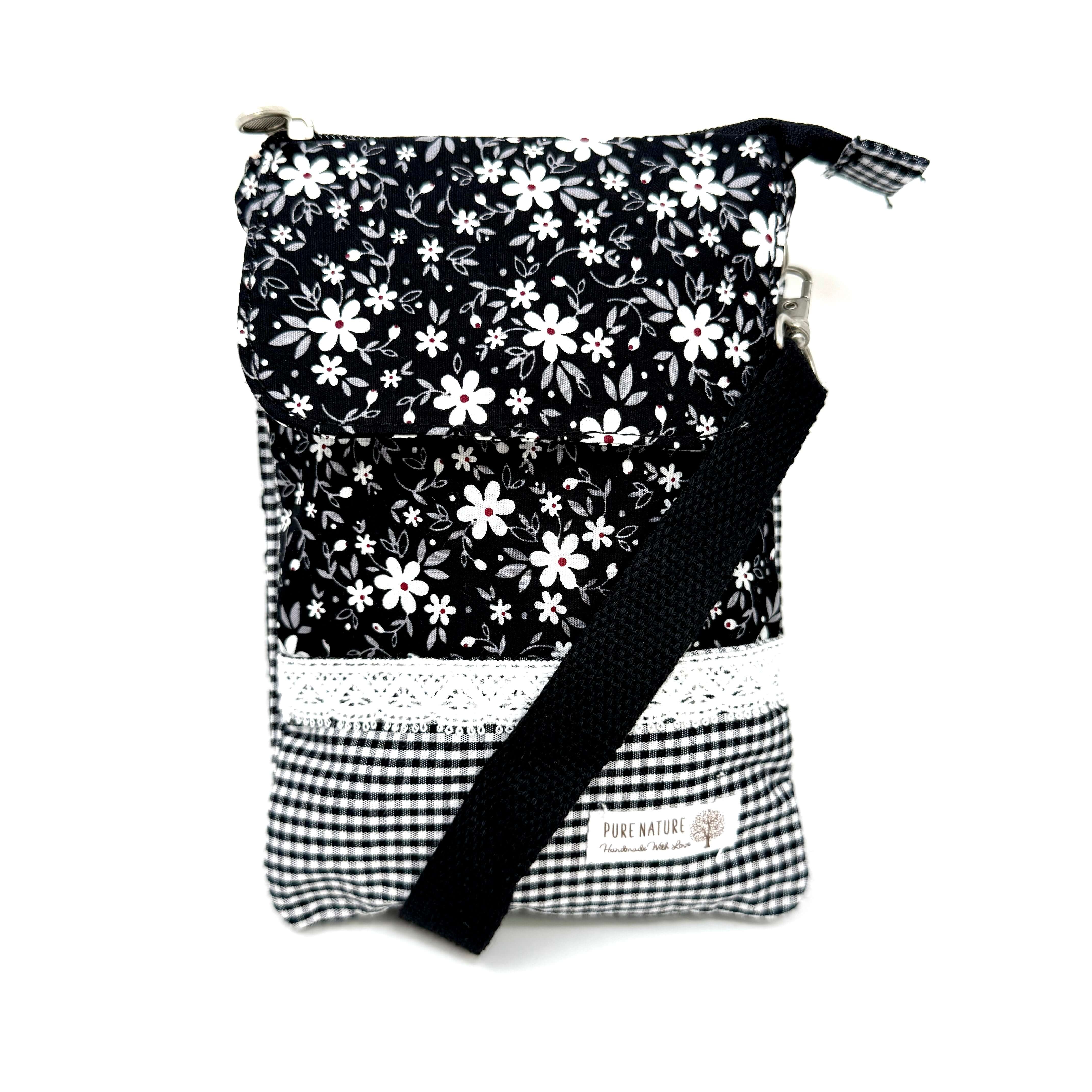 Handgefertigte Umhängetasche aus Baumwolle und Echt-Canvas mit buntem Blumenmuster und Punkten, wasserabweisend, zwei Reißverschlussfächer, verstellbarer Schultergurt, ideal für Alltag und Reisen.