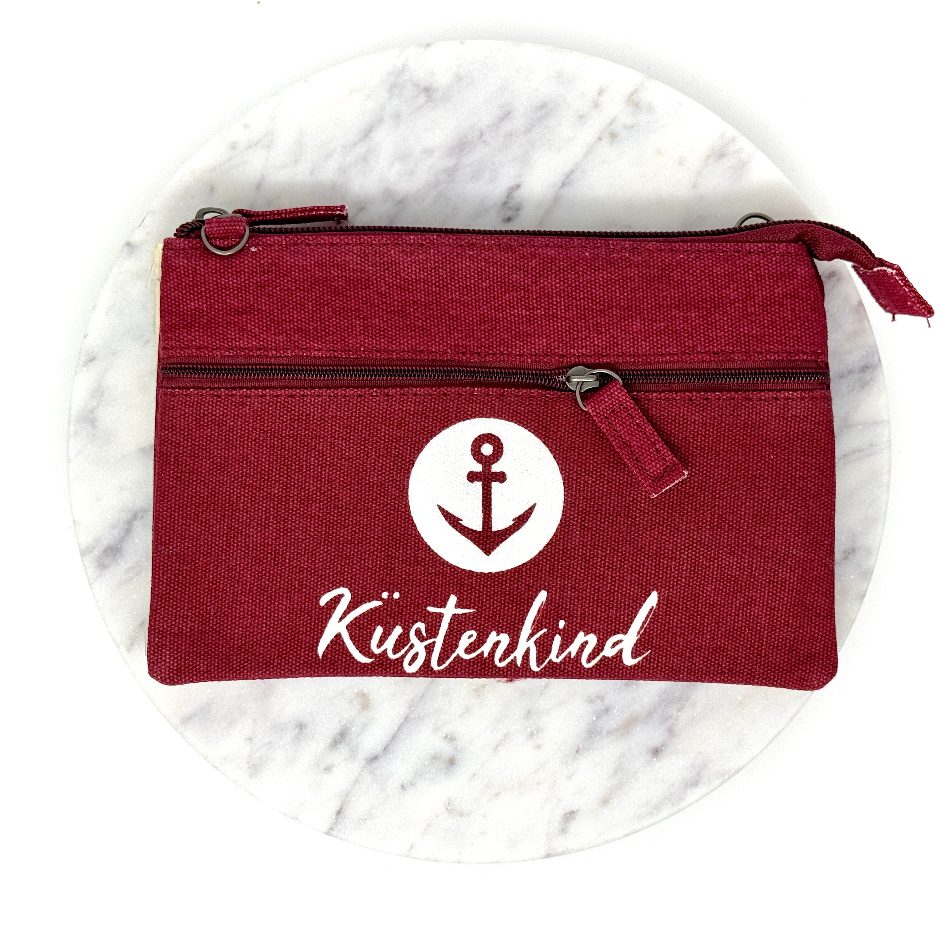 Handgemachte Patchwork-Tasche mit Anker und Küstenkind-Schriftzug in Rot aus Baumwolle und Canvas