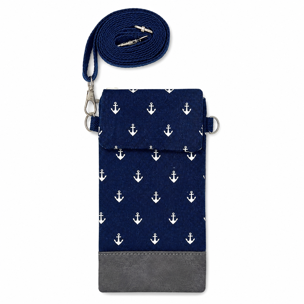 Maritime Handytasche mit weißem Anker-Muster und verstellbarem Schultergurt in Blau.