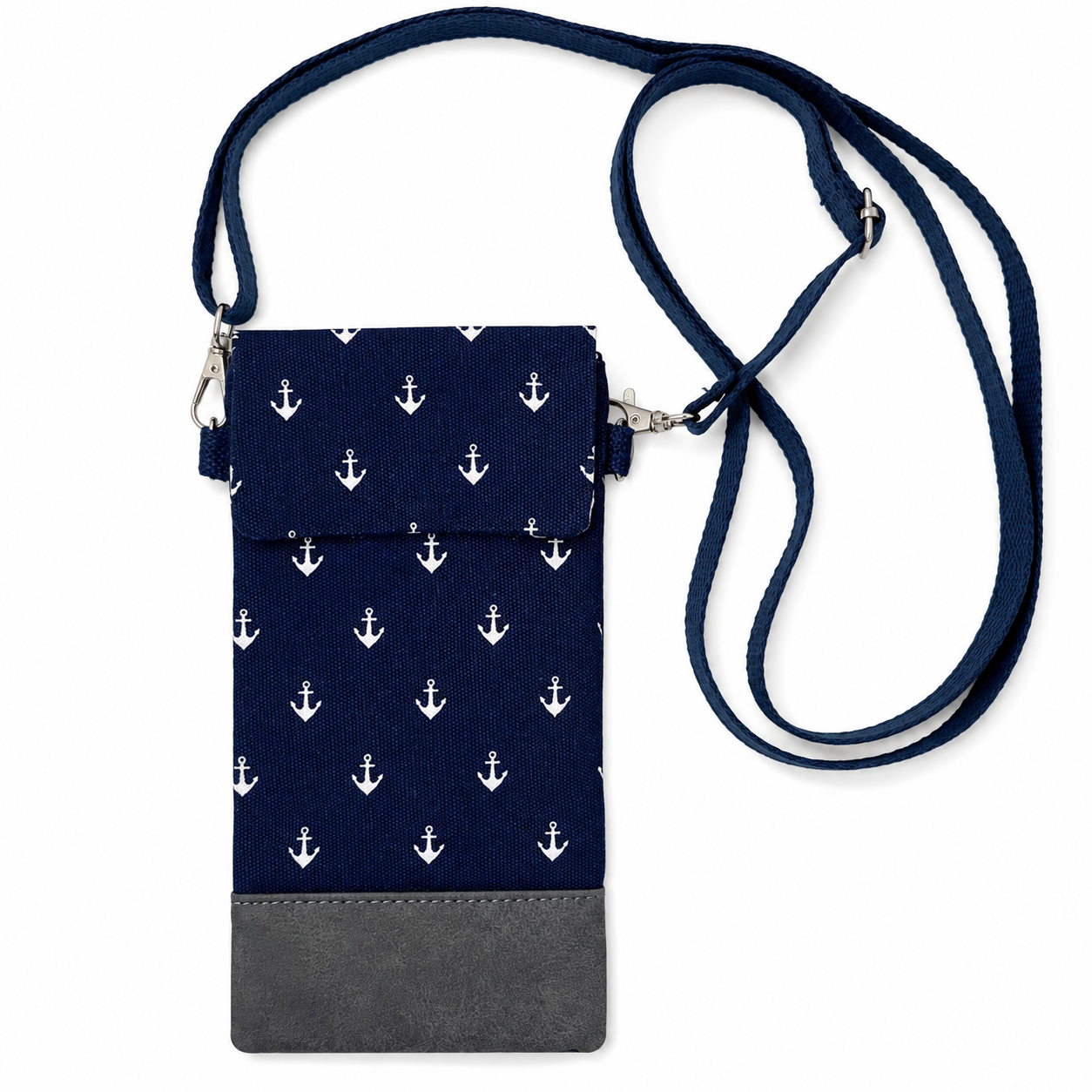 Maritime Handytasche mit weißem Anker-Muster und verstellbarem Schultergurt in Blau mit Schultergurt.