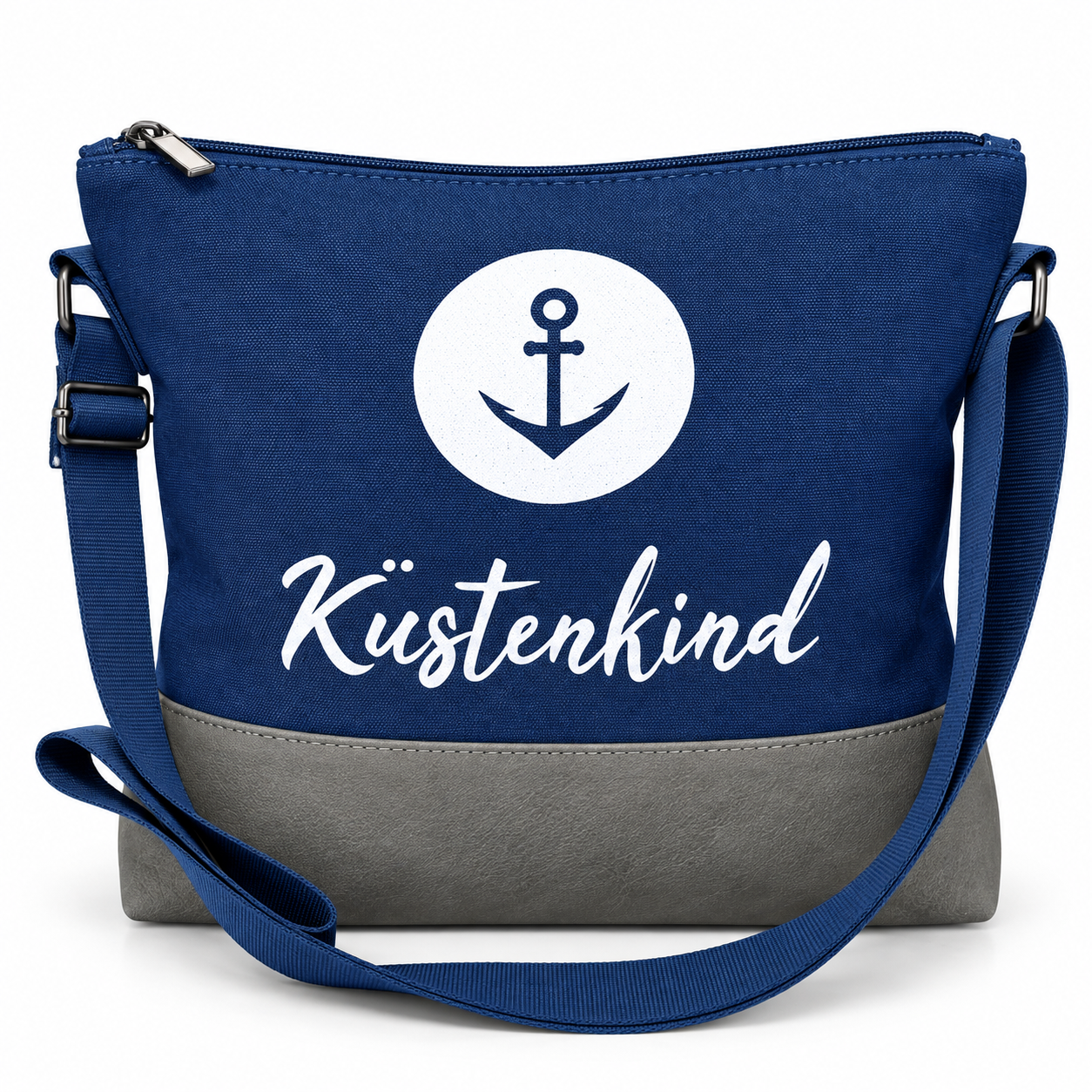 Küstenkind Umhängetasche in Dunkelblau mit weißem Anker-Motiv und Schultergurt