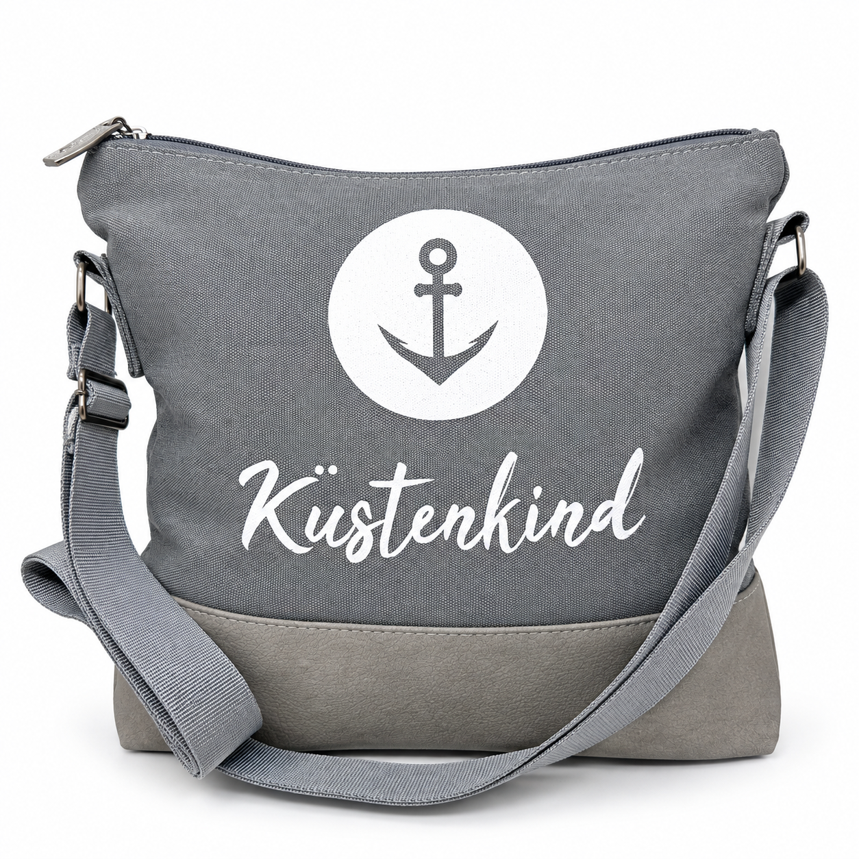 Küstenkind Umhängetasche in Grau mit weißem Anker-Motiv und verstellbarem Schultergurt