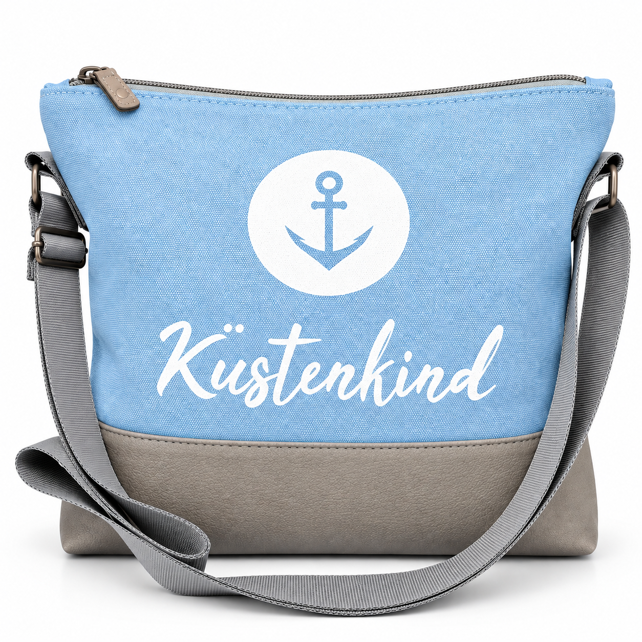 Küstenkind Umhängetasche in Hellblau mit weißem Anker-Motiv und grauem Schultergurt
