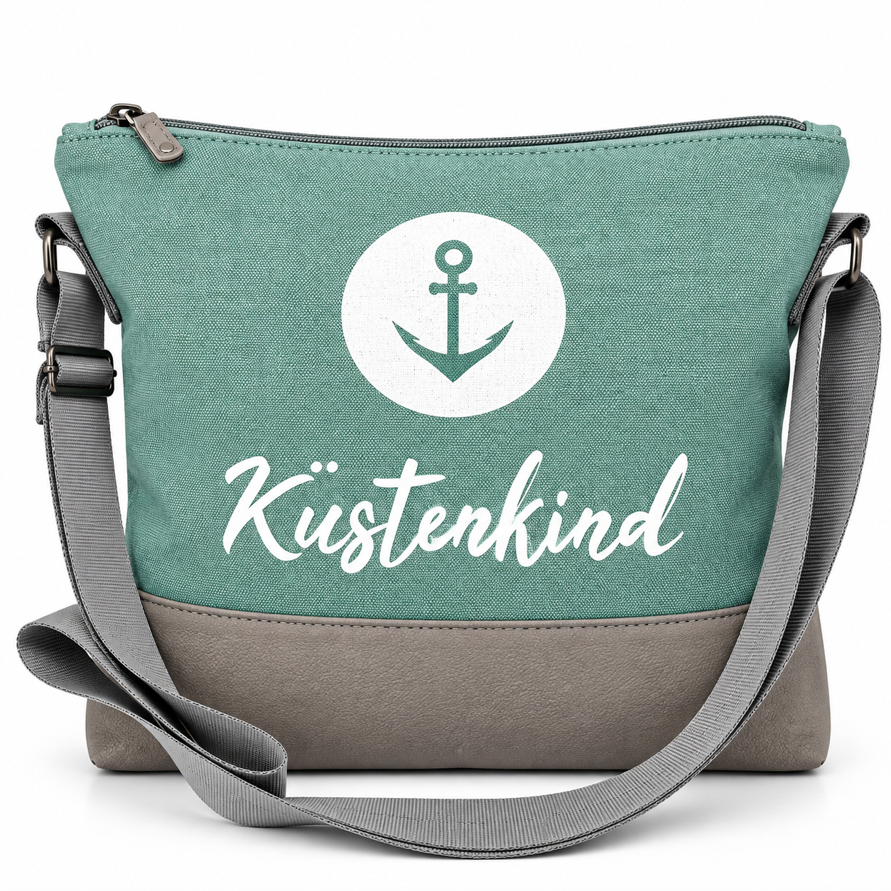 Küstenkind Umhängetasche in Hellgrün mit weißem Anker-Motiv und grauem Schultergurt