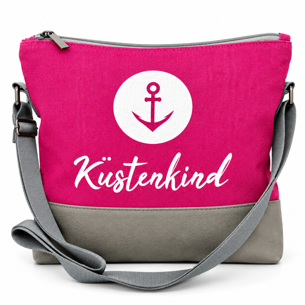 Küstenkind Umhängetasche in Pink mit weißem Anker-Motiv und grauem Schultergurt
