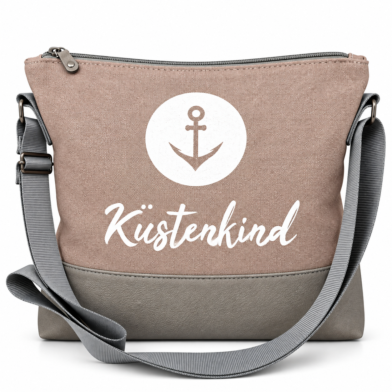 Küstenkind Umhängetasche in Rosa mit weißem Anker-Motiv und grauem Schultergurt