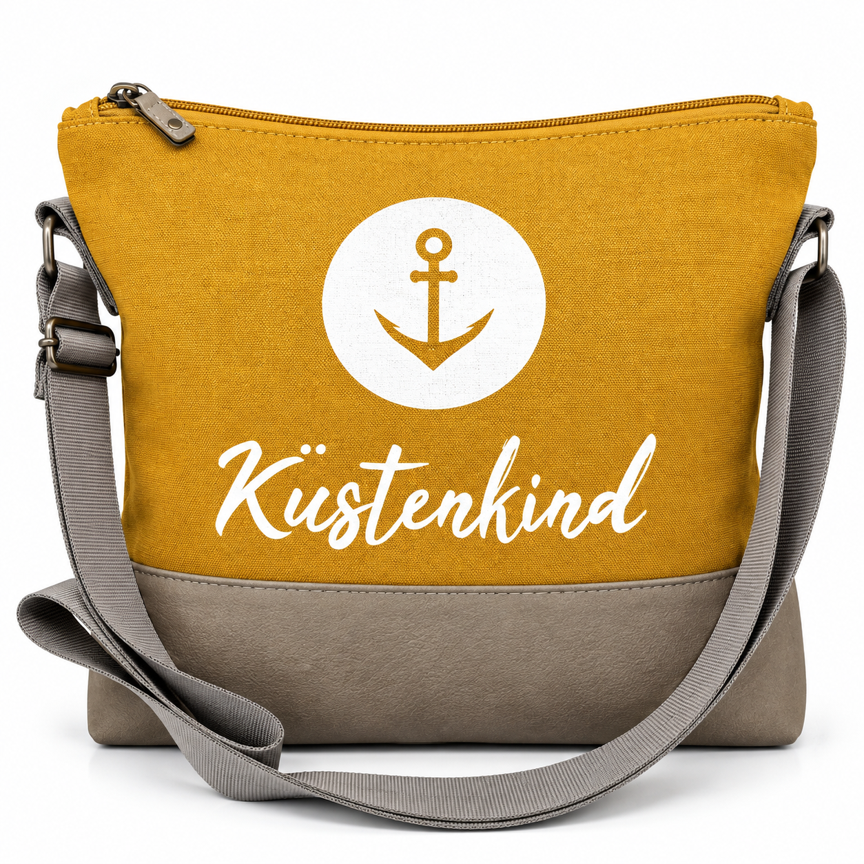 Küstenkind Umhängetasche in Senfgelb mit weißem Anker-Motiv und grauem Schultergurt