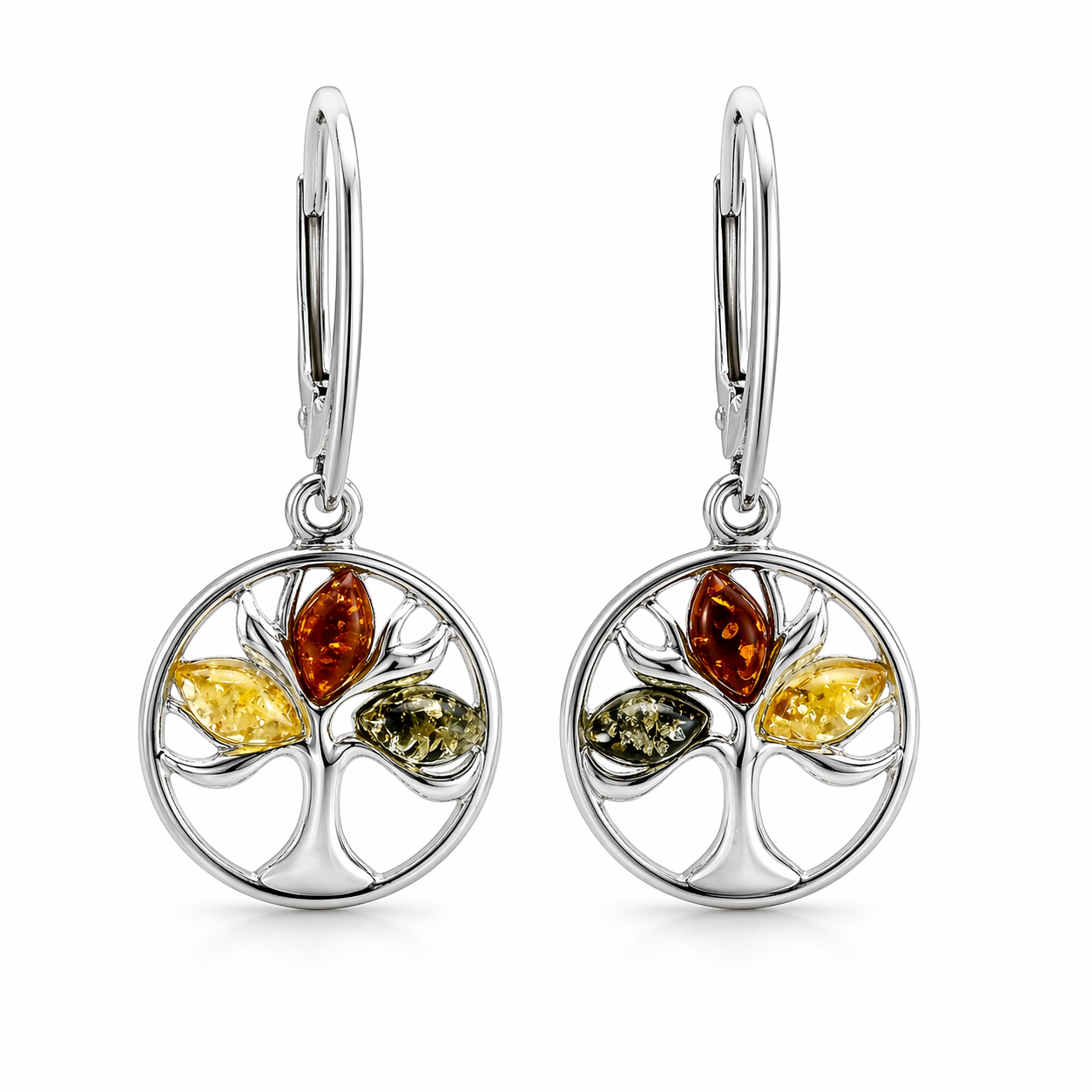 Silber Ohrringe mit Lebensbaum Motiv und echtem Bernstein in Gelb, Grün und Cognac, elegante Hängeohrringe für Damen