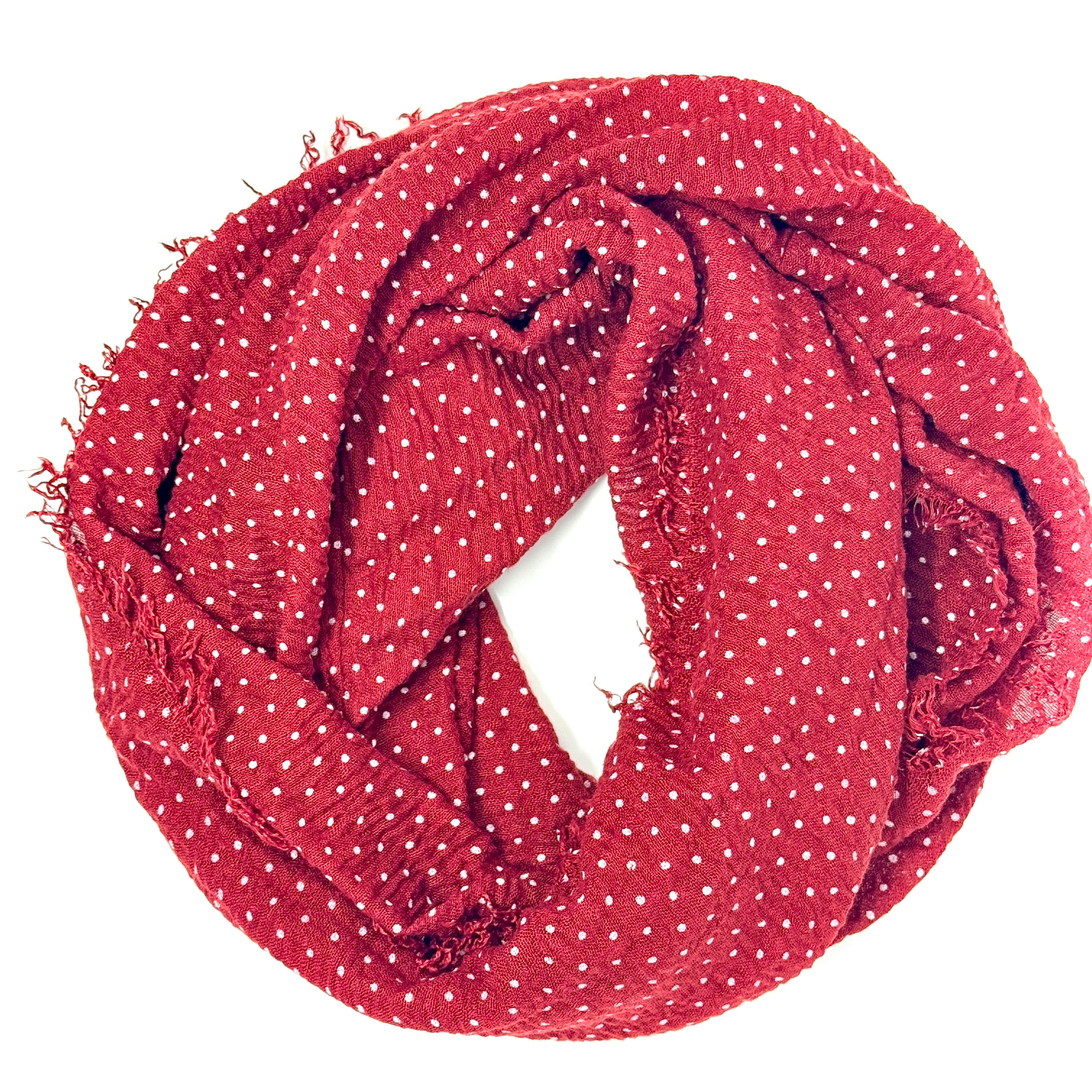 Roter Loop Schal mit weißen Punkten, weiches Material, modischer Rundschal für Damen – ideal für Frühling und Herbst
