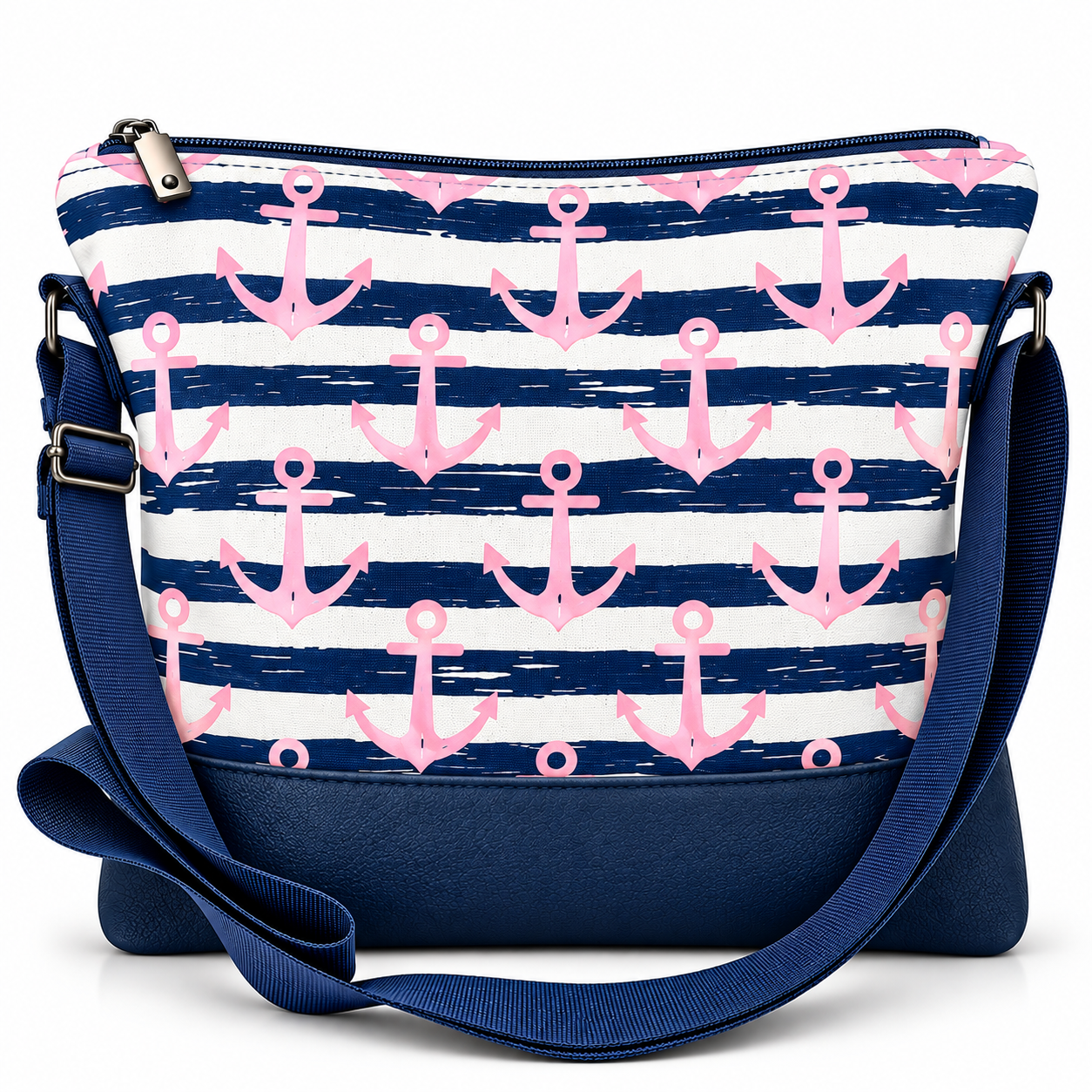 Marineblau-weiß gestreifte Umhängetasche im maritimen Stil mit rosa Ankermotiven, dunkelblauem Taschenboden und verstellbarem Schultergurt.