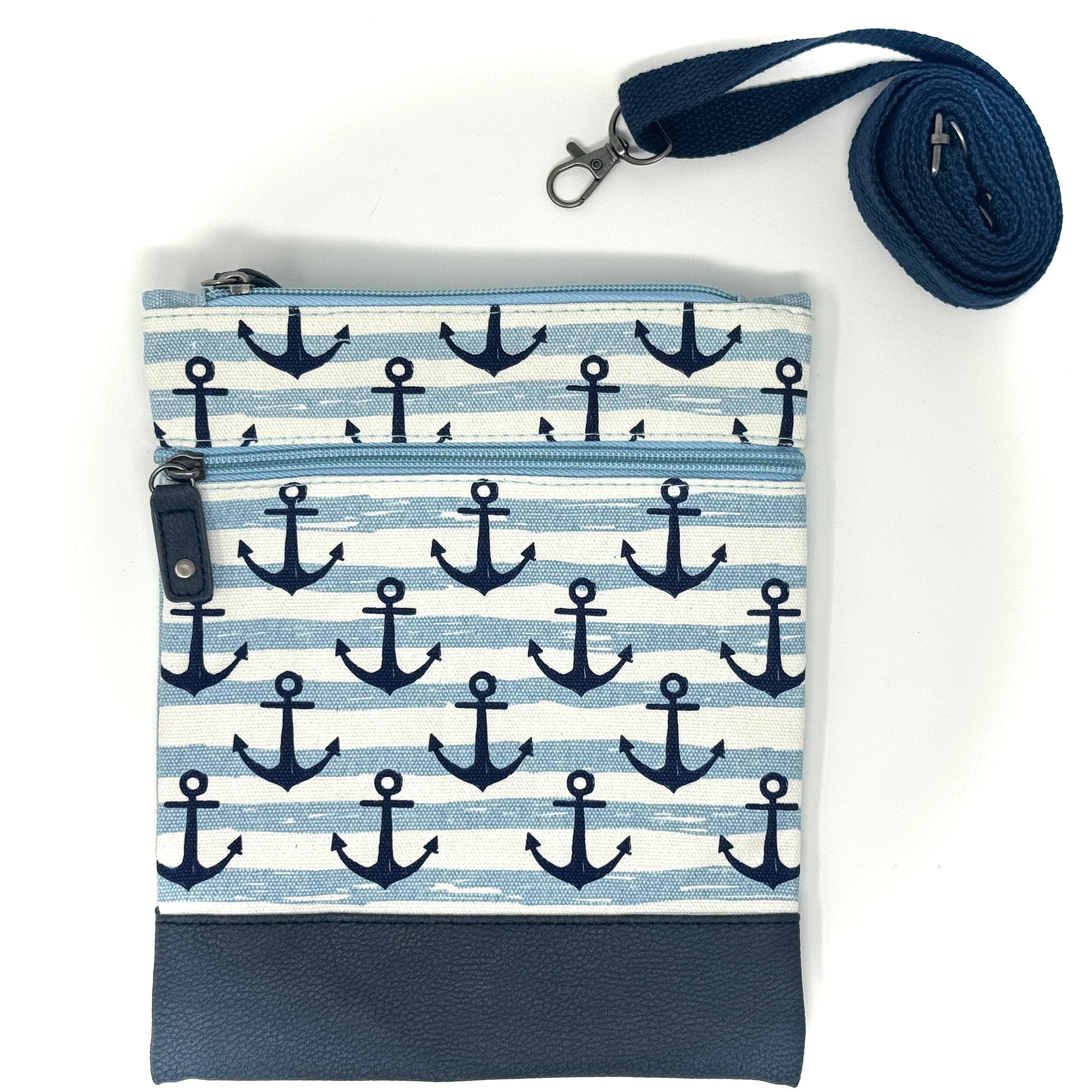 Maritime Umhängetasche mit blauem Anker-Muster, Reißverschluss und verschiedenen Farben