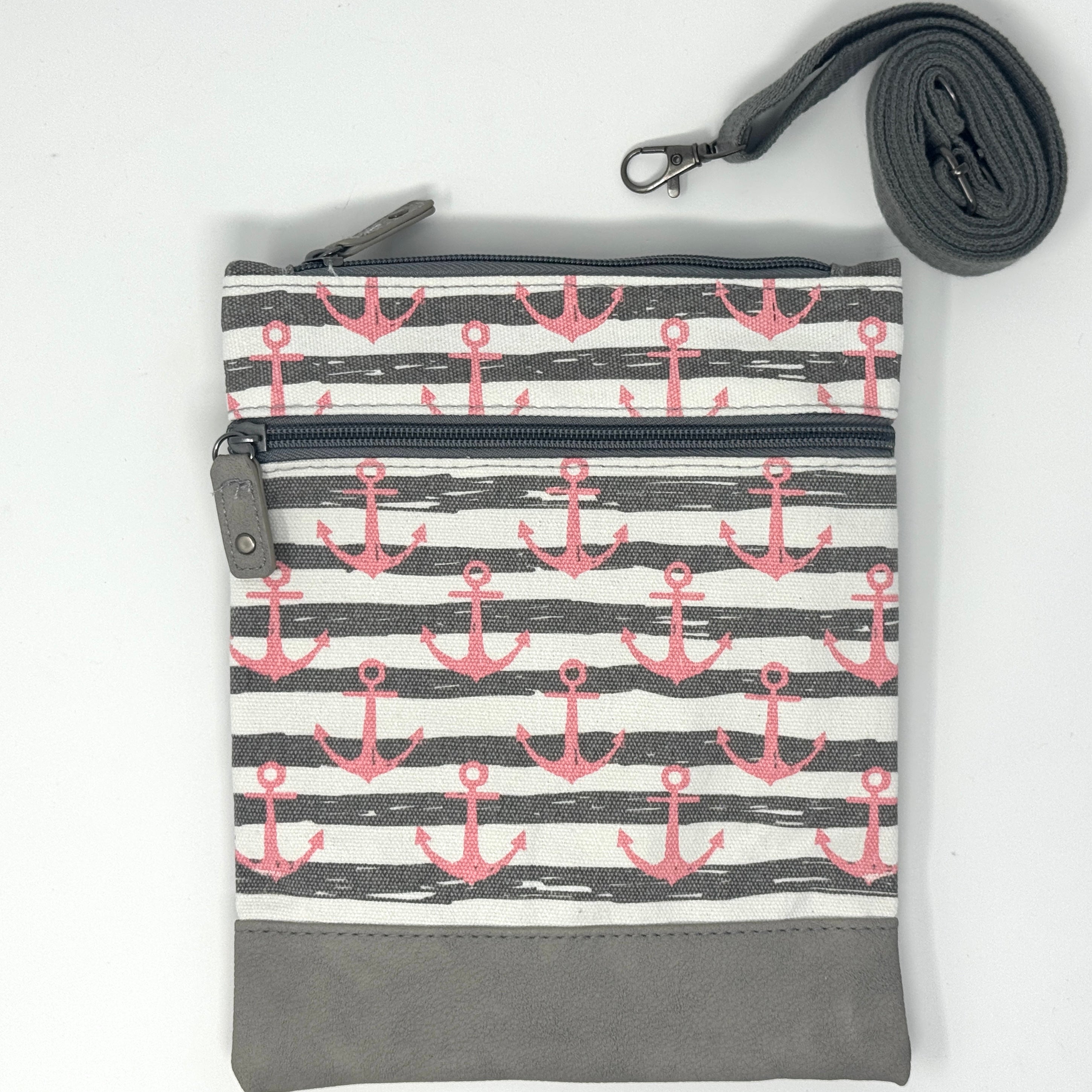 Maritime Umhängetasche mit rosa Anker-Muster, Reißverschluss und verschiedenen Farben