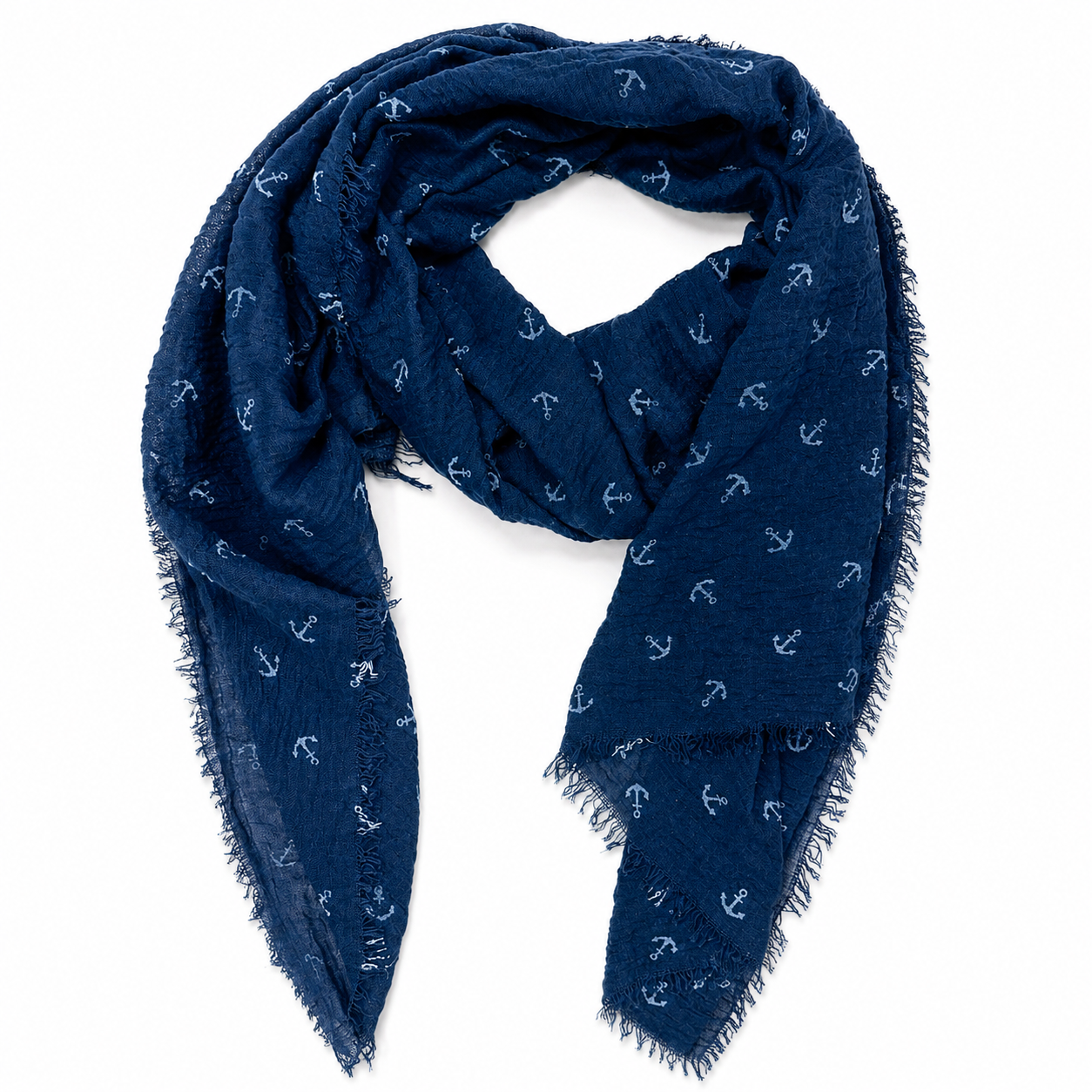 Maritimer Damen Schal in Dunkelblau mit hellblauem Anker-Muster und Fransen auf weißem Hintergrund.